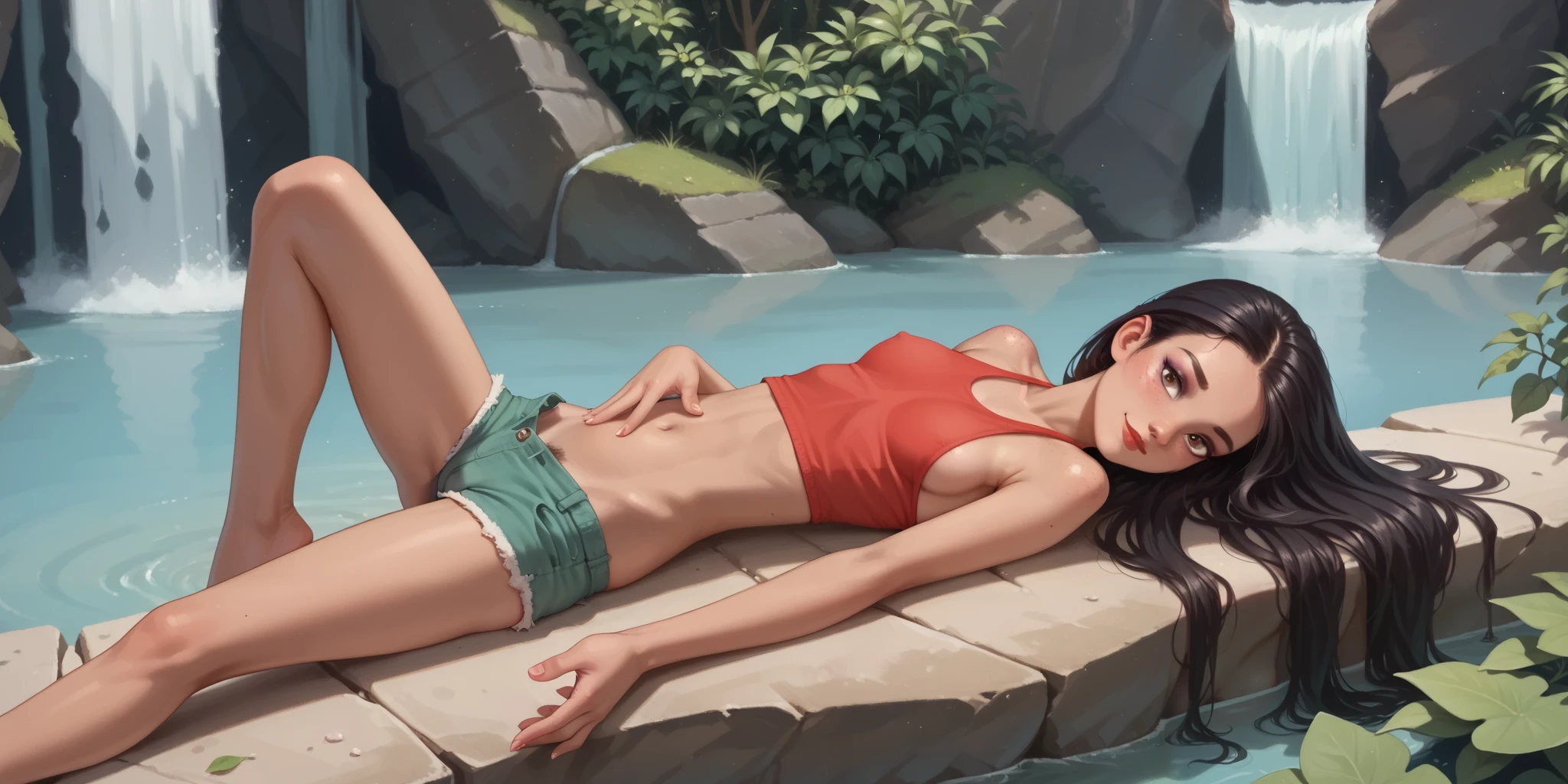 a girl, medium breast, black hair, straight hair, very long hair, freckles, detailed ribs and small bare feet, red lips, eyeliner, perfect nails, perfect feet, brown eyes, smile, unbuttoned mini shorts, green regatta, waterfall, missionary, cameltoe, side boob, hairy groin, pantieless