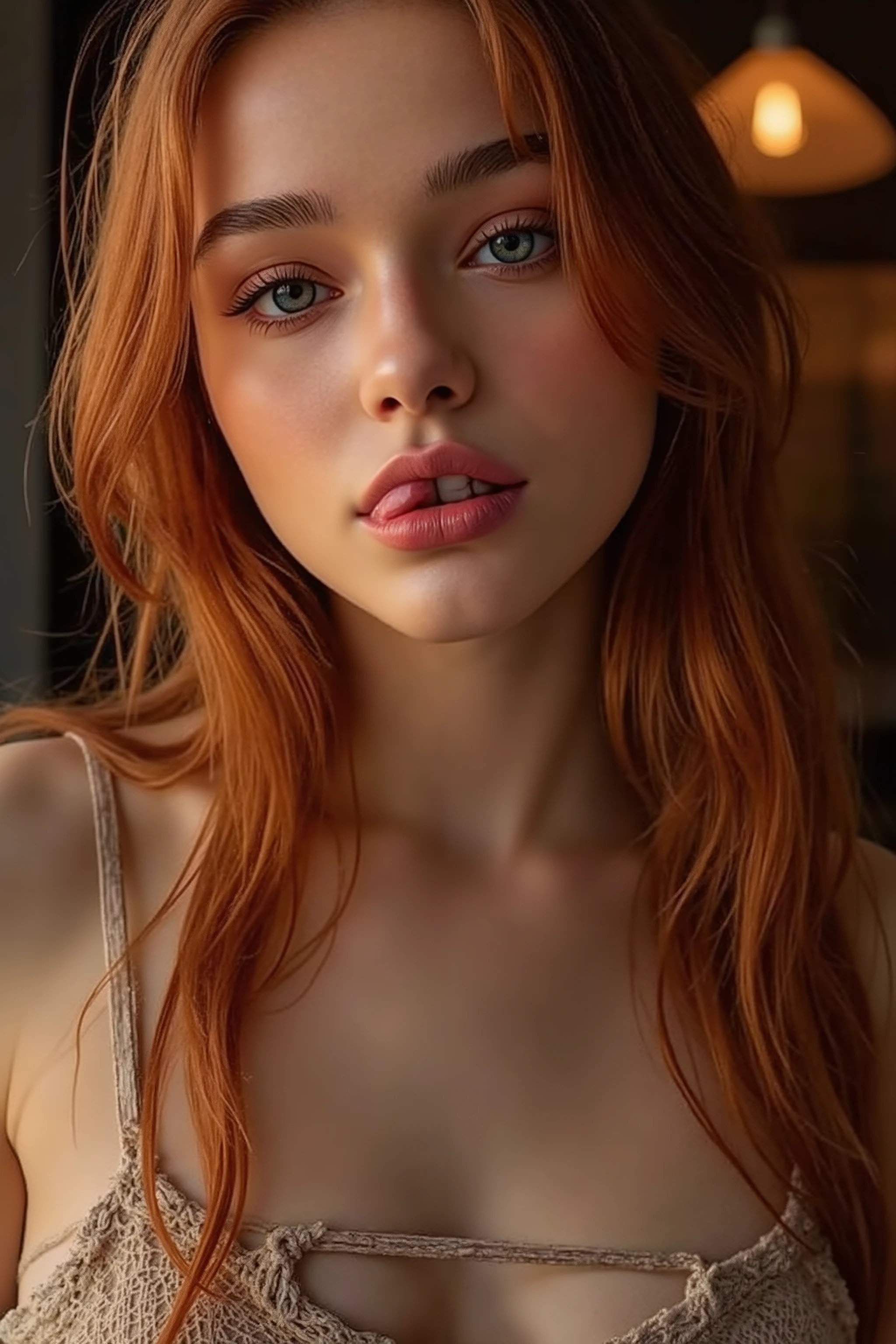 🌟 quality & silent:
masterpiece, 8k, ultra high resolution, hyperrealistic, very detailed, natural lighting, SLR lighting, SLR camera , Fujifilm XT3, film grain, Sharp concentration, perfect lighting.

🌌 Scene & background:
different backgrounds:

    A romantic sunset on the beach, with warm,  golden hues .

    A dark, mysterious forest with moonlight, that falls through the trees.

    A luxurious Bedroom with candlelight and silky curtains.

    Ein urbaner background mit Neonlichtern und regennassen Straßen.

😈 model & Styling:
a young, wild girl with fiery red hair, which in various Poses fall loose or styled are,  and bright blue eyes .  She is wearing a lightweight , torn dress made of natural materials, that underlines her free and independent nature.

🔥 Pose & Mood:
Different sensual facial expressions:

     she looks directly at the camera , with a seductive smile and half-closed eyes.

    She bites her lower lip, with a playful and tempting look.

    She tilts her head slightly to the side, with a dreamy and sensual expression.

    She looks over her shoulder, with a mysterious and intense look.

Die Mood ist sinnlich, seductive and full of emotions.

💋 Brief summary 💋
"a young, wild girl with fiery red hair  and bright blue eyes  in verschiedenen Porträtaufnahmen bis zur Brust. It shows sensual facial expressions against different backgrounds, from a romantic sunset on the beach to a dark, mysterious forest. Die Scene ist hyperrealistic, hochdetailliert und in 8k-quality, with a sensual and seductive expression Atmosphere."