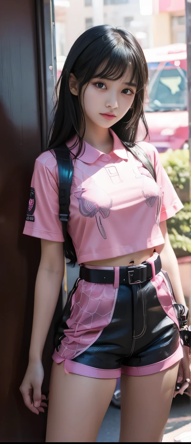 Gorgeous idol girl、whole body、Good style、、、、、、、、、、Thick legs、A fluorescent pink tight short pants uniform、Sleeveless shirt、Cool girl face、、、A school glowing at night、Flare Belt、、
