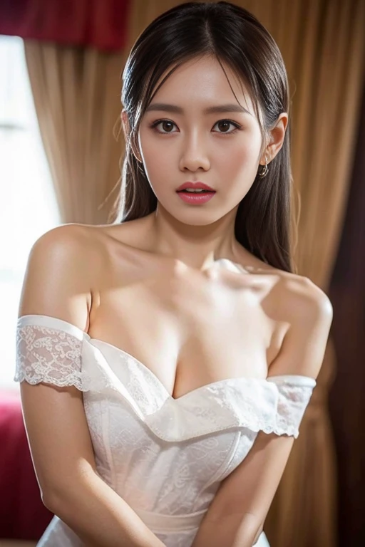 , (Mature body), Solitary,Long gray hair,black hair color, Off-shoulder, black eyes,1 Sister,A sexy pose,best quality,masterpiece,light,Extremely exquisite and beautiful,CG,Unite,8K Wallpaper,Astonishing,detailed,masterpiece,Official Art,The content is very detailed Cg Unite 8K Wallpaper,Extremely ridiculous,Huge file size,ultra - detailed,high resolution,The content is very detailed,Beautiful and delicate girl,Practical,full,Hotel Room,Light Contrast, Lopez, fully body photo, full, White under underwear