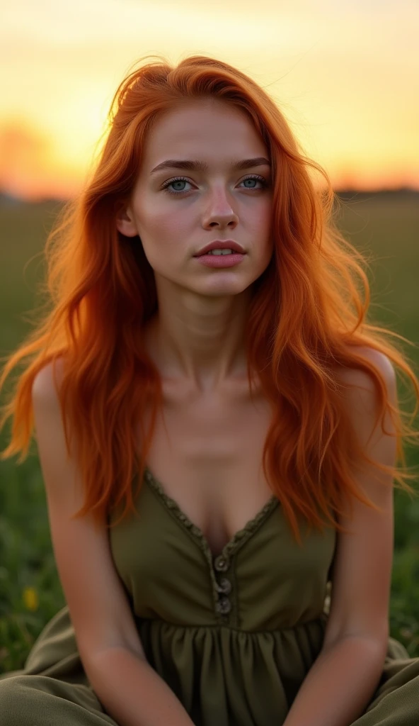 (dynamic angle:1.1),outdoors, ginger hair, photo of skinny 20yo girl, freckles, sad, soft, masterpiece, volumetric light, best quality, complimentary colors, dramatic lighting, intricate details, subsurface scattering, topless, small tits, holding her boob