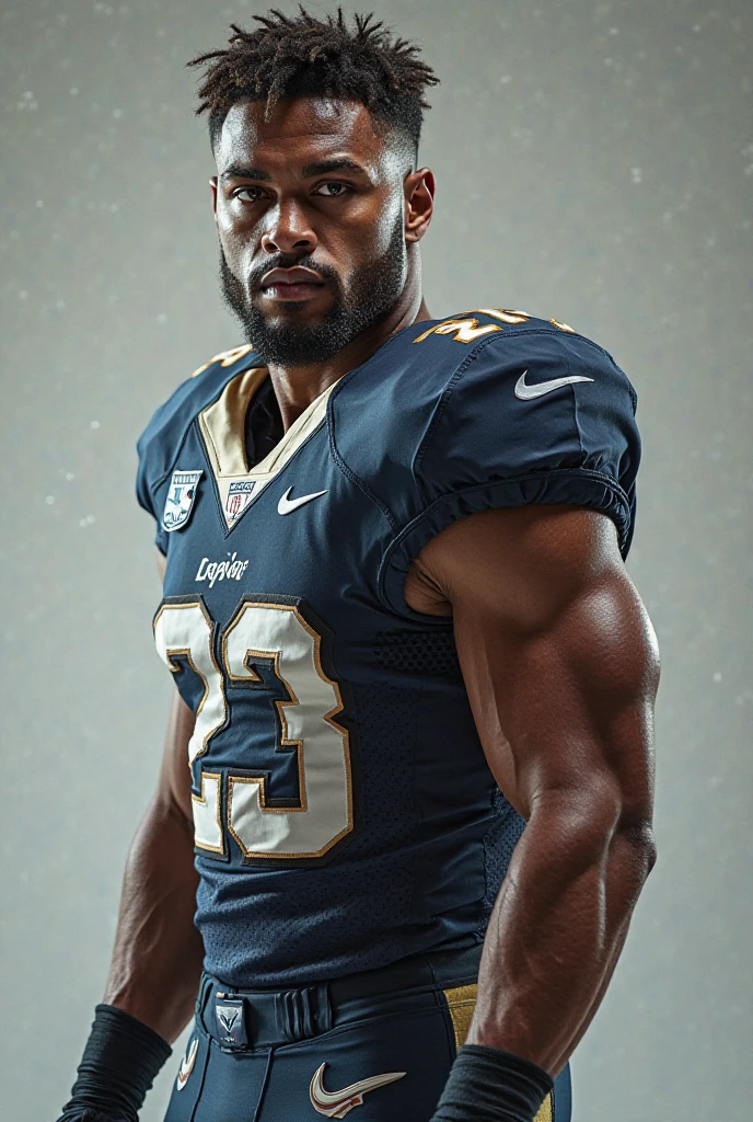 Create a football uniform in a predominantly black color with cyan blue stripes