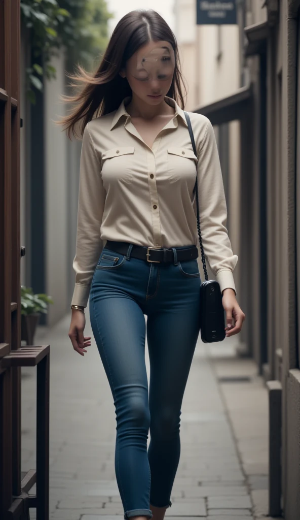 Sexy latina girl , with transparent lenses ,con jeans ,long straight hair in a ponytail and tailored shirt