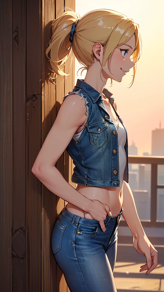 top-quality))、((masterpiece)、real skin glow、18 year old girl、Hair Short Blonde、(Super close-up view of skyscraper looking up from underground)、(Opaque Bikini)、wearing denim shorts。Close-up of a sexy pose that emphasizes her thick thighs、Sunset