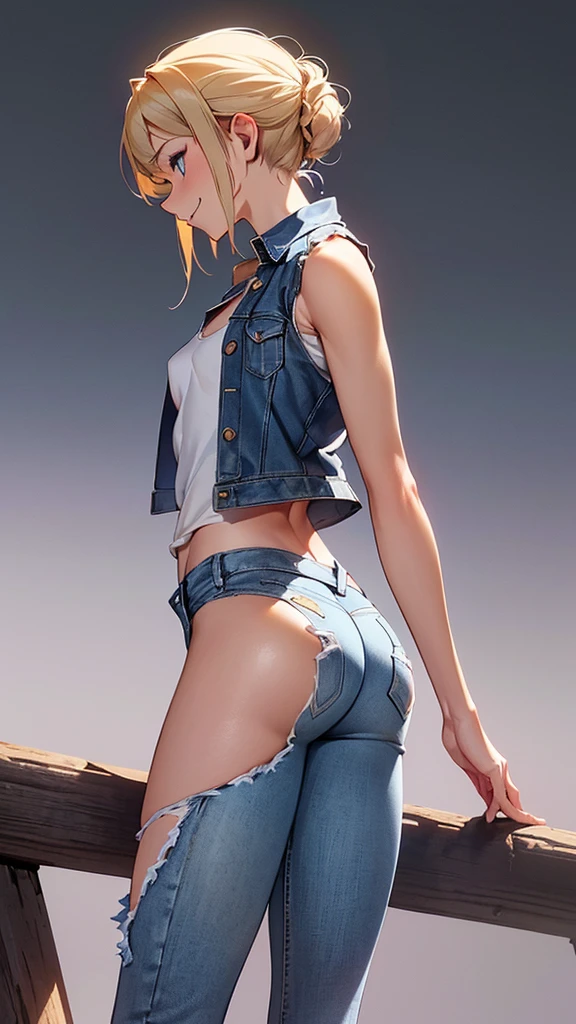(Superflat, Flat Shading, flat-colors:1.1)、(Magazine Cover)、Illustrations、(Beautiful platinum blonde hair、short-hair、American boyish girl)、crotch open、Smiling、Draw so that the crotch cloth of the beige underwear is visible.、Skirt flipping、((Torn and tattered denim skirt、Beige panties))、Choker、When I look through the viewfinder、A bracelet、Thigh strap、Body Painting、Head tilt、8K resolution、intricate clothing、Intricate details、1girll、Solo、a blond、Standing、Cowboy Shot、Arms at sides、a miniskirt、Detailed panties、((from behind、hindquarters、heart cutout、hip incision))、Volumetric lighting、Soft light、Bright、neons、Vibrant colors、watercolor paiting、