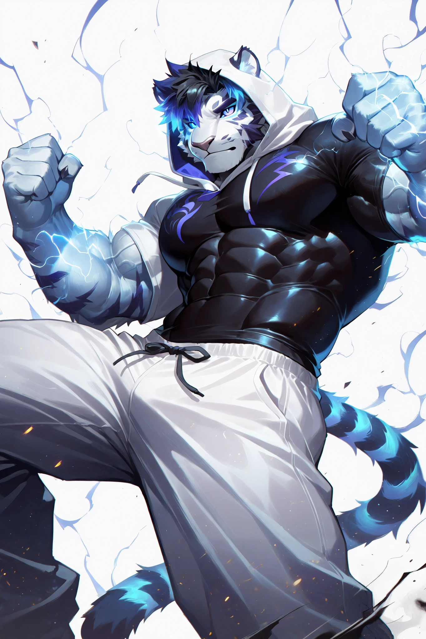 solo, silhouette, lightning Powers, ((male)), muscular White Tiger Anthro character, wearing a white hoodie with blue line details, black t-shirt, wallpaper quality, on a loading screen, fighting stance, solo, aura, thigh up, (white tiger anthro Body, Lighting Appearance, black hair), sinister stare, neon lighting, purple eyes, Blue sclera, glowing Purple eyes, glowing blue highlights, Lightning sparks, Glowing border, lightning in background, Glowing Symbol, (Athletic muscles:1.5), white hoodie, Tight blue pants, dress pants, masterpiece, ((Simple White background)), correct anatomy, correct hands, best quality,