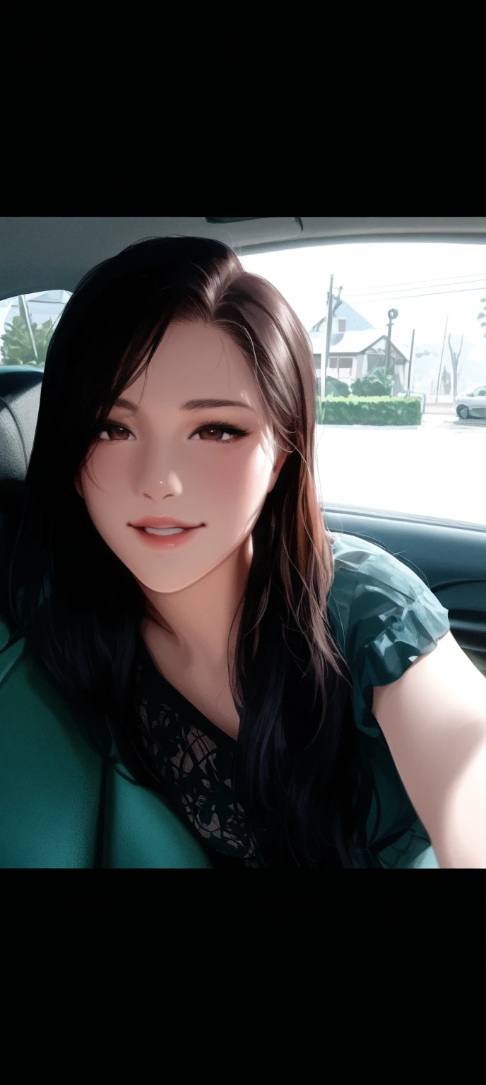 a close up of a woman in a car with a car behind her, gorgeous female jade tailor, , masterpiece, long black hair, beautiful medium breast, black eyes, very happy smile, wearing sage green tanktop,