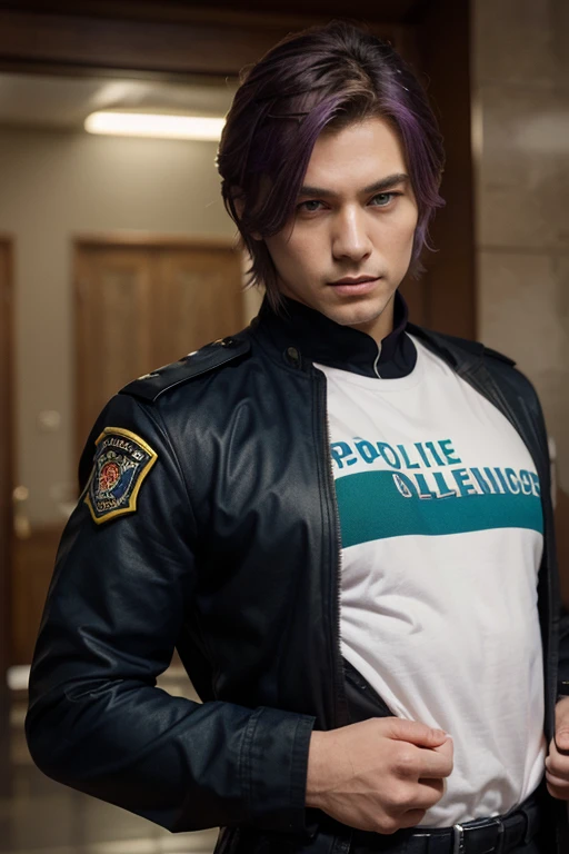 male, james, blue hair, green eyes, white team rocket outfit, standing in a city, ambient lights, detailed, short black gloves, red r on clothing