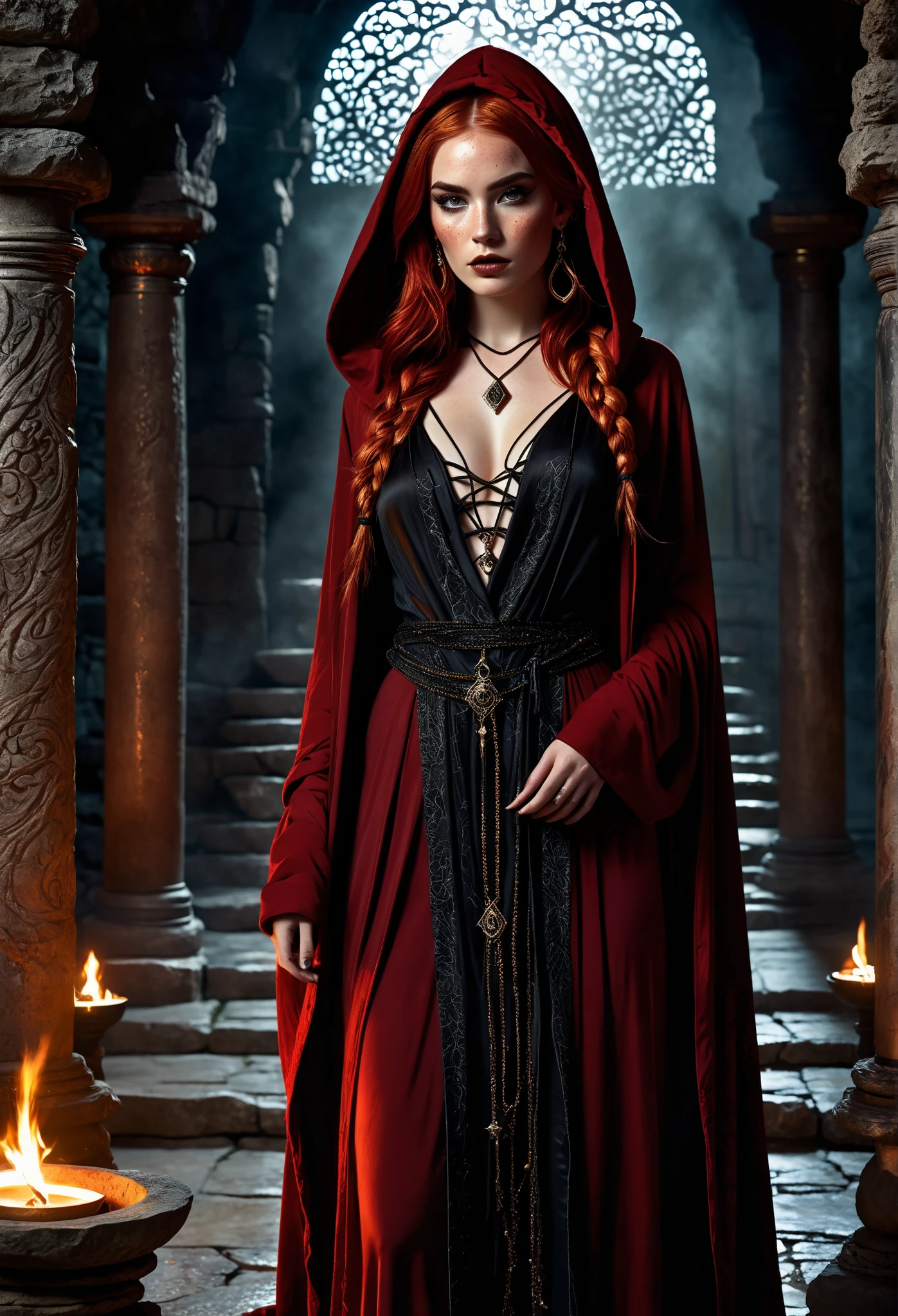 A striking young woman with fiery red hair styled into two long, messy braids stands at the center of this high-quality, full-body illustration. She is draped in a deep red hooded robe, partially open to reveal an intricate and elegant outfit. Her piercing gaze and confident stance exude an air of mystery as she stands before an ancient stone altar, its surface marked with arcane symbols and the remnants of a ritualistic blood sacrifice. Dim torchlight flickers, casting eerie shadows across the scene, illuminating the delicate freckles on her face and the shimmer of her diamond earrings. Natural lighting enhances the depth of her features, while subtle glitter makeup and dark eyeliner add to her enigmatic presence. The atmosphere is one of haunting beauty, blending gothic fantasy with an air of mysticism.