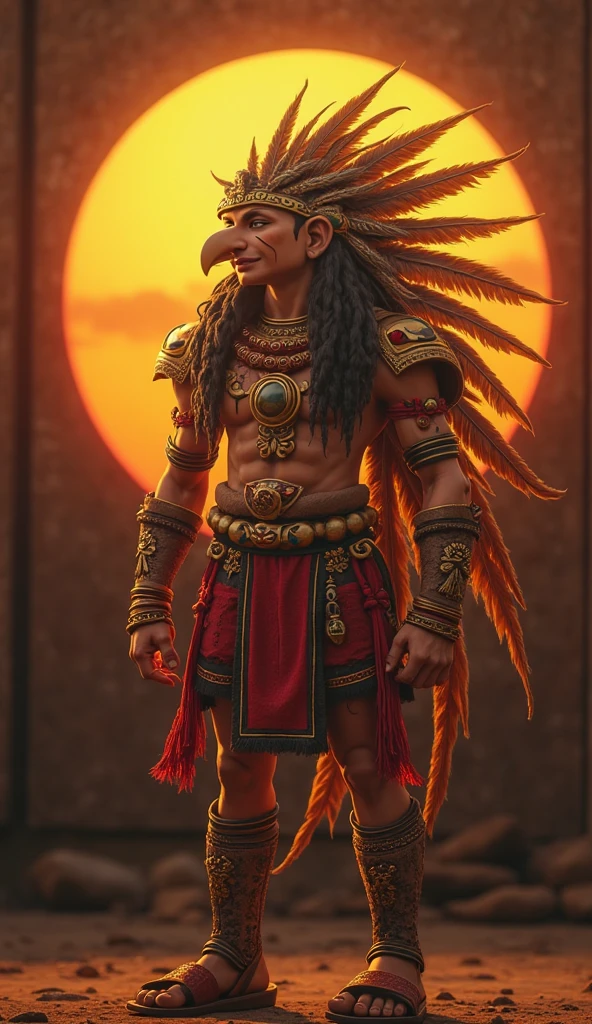 Aztec warrior with a helmet eagle with fire to draw easy without so many muscles
