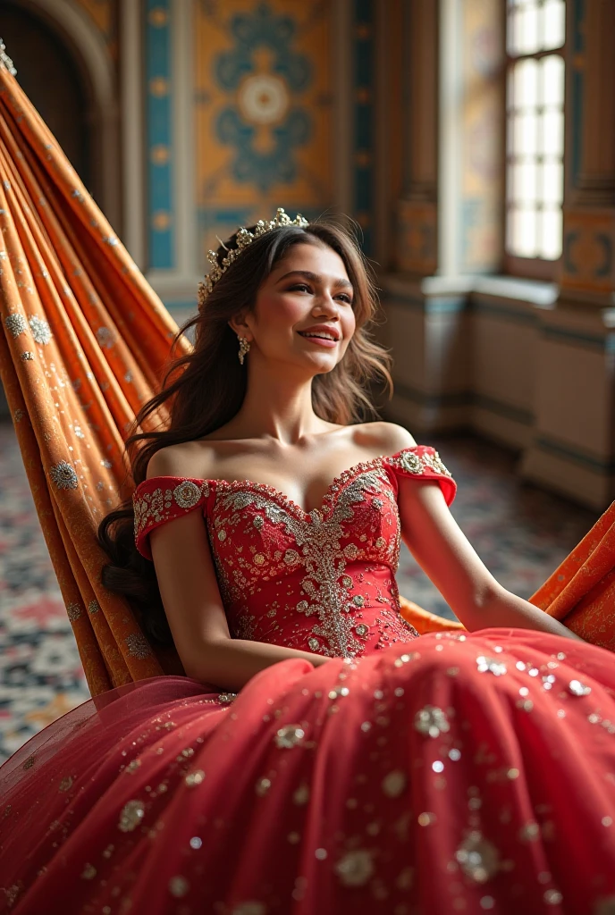 1 Girl 15 years old, bronze, complexion with, fair, by the wide, wavy fur, small breasts, messy dark hair, fair shoulders, Brown eyes, jewelry, Whole body, sexy body, she wears a red dress realistic, sitting on the terrace 