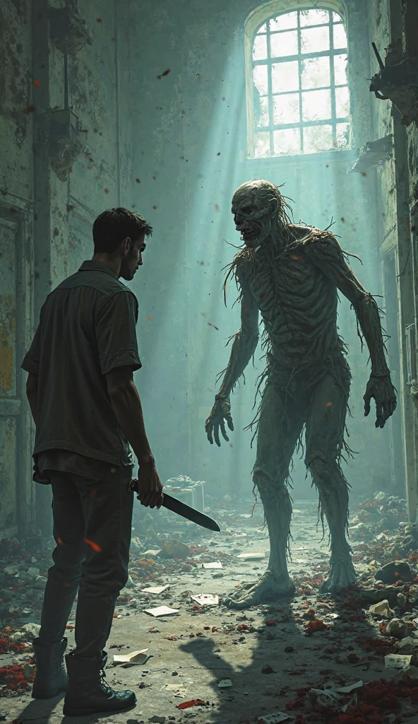 Please, create an image of a cemetery in a dark realistic style. In the center of the image, There is a man standing with a terrified expression. He is trying to get away or defend himself. The man is wearing casual clothes, like a shirt and pants, that look a little wrinkled or messy.
To the left of the man, a zombie is approaching. The zombie has a scary appearance, with wrinkled and decomposed skin, Exposed in parts and with visible bones. His clothes are torn and dirty.. The zombie is reaching out his hands towards the man, and the zombie's hands are firmly gripping the man's arm or waist. The zombie's fingers are curled and have a sinister appearance., with long dirty nails.