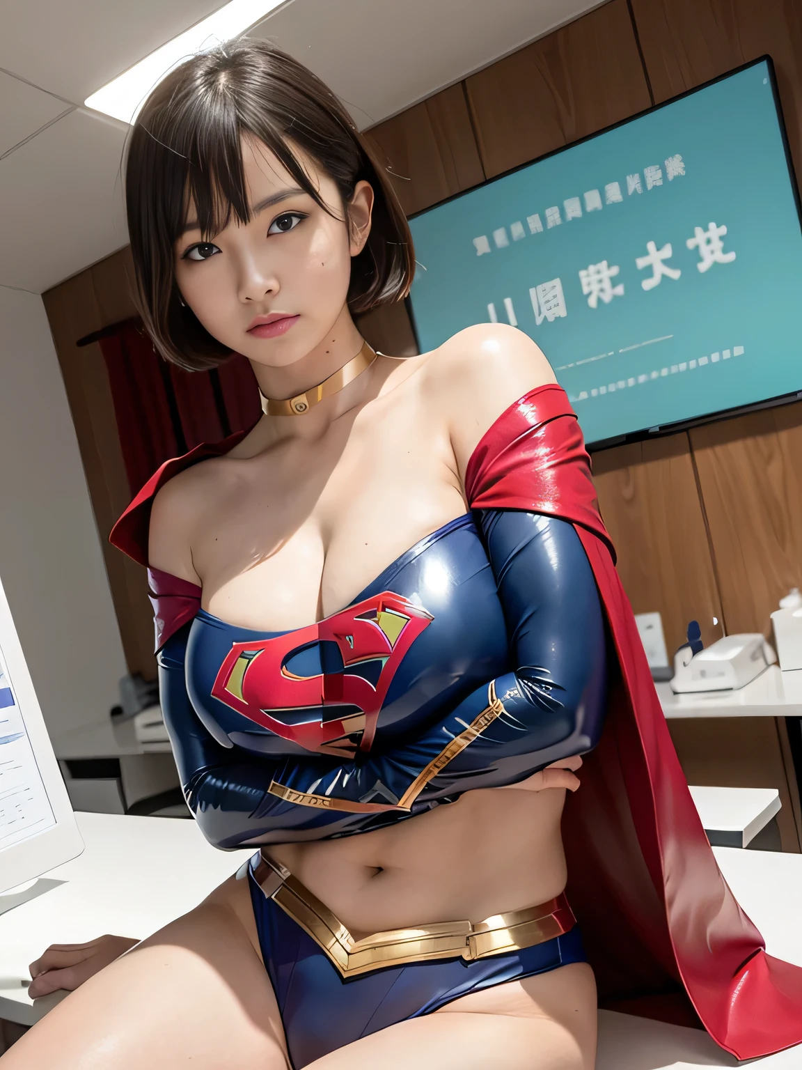 masterpiece、Enamel Supergirl Costume、Short Hair、Hospital operating table、Crisis situation、Big and ample breasts、looking at the camera、Shiny、Off the shoulder、choker、Long sleeve、exy poses to seduce、Sweaty skin、Model Body Type、Alluring、charm、Enchanting、Abused、test subject、victim、Wild、Photorealistic、latex、Hand bra、Proudly、Pointing forward、