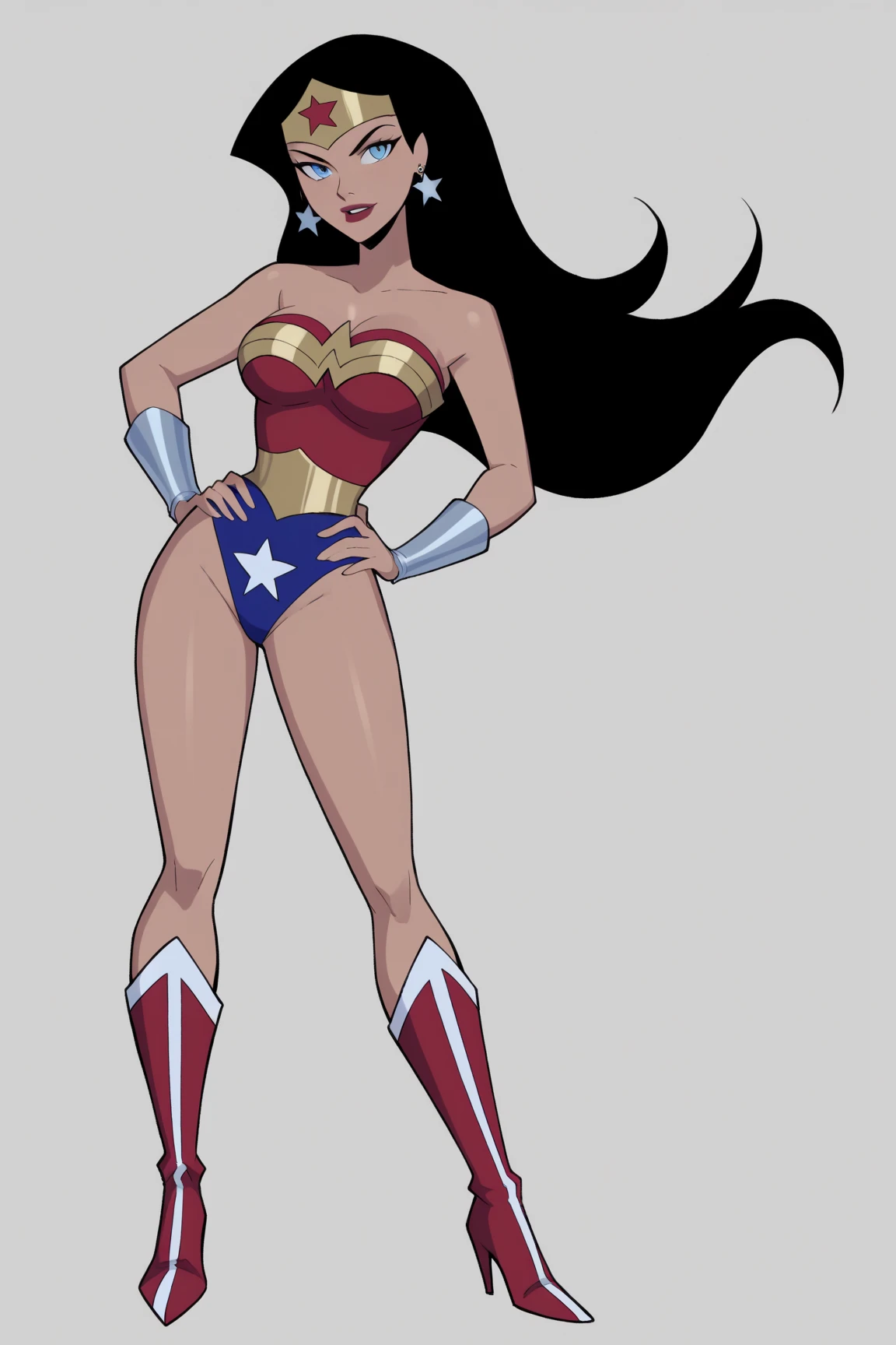 Wonderwomanfit, cabelos muito longos, cabelos pretos, cabelo entre os olhos, Olhos azuis, (Cosplay perfeito de  Wonderwoman), roupas brilhantes, impossible bodysuit, Pele apertada, bodysuit estrelado, Olhando para o Viewer sorrindo, (blush vermelho),(pernas musculosas:1.3), (heroic pose), (She&#39;s running through the jungle in fear)