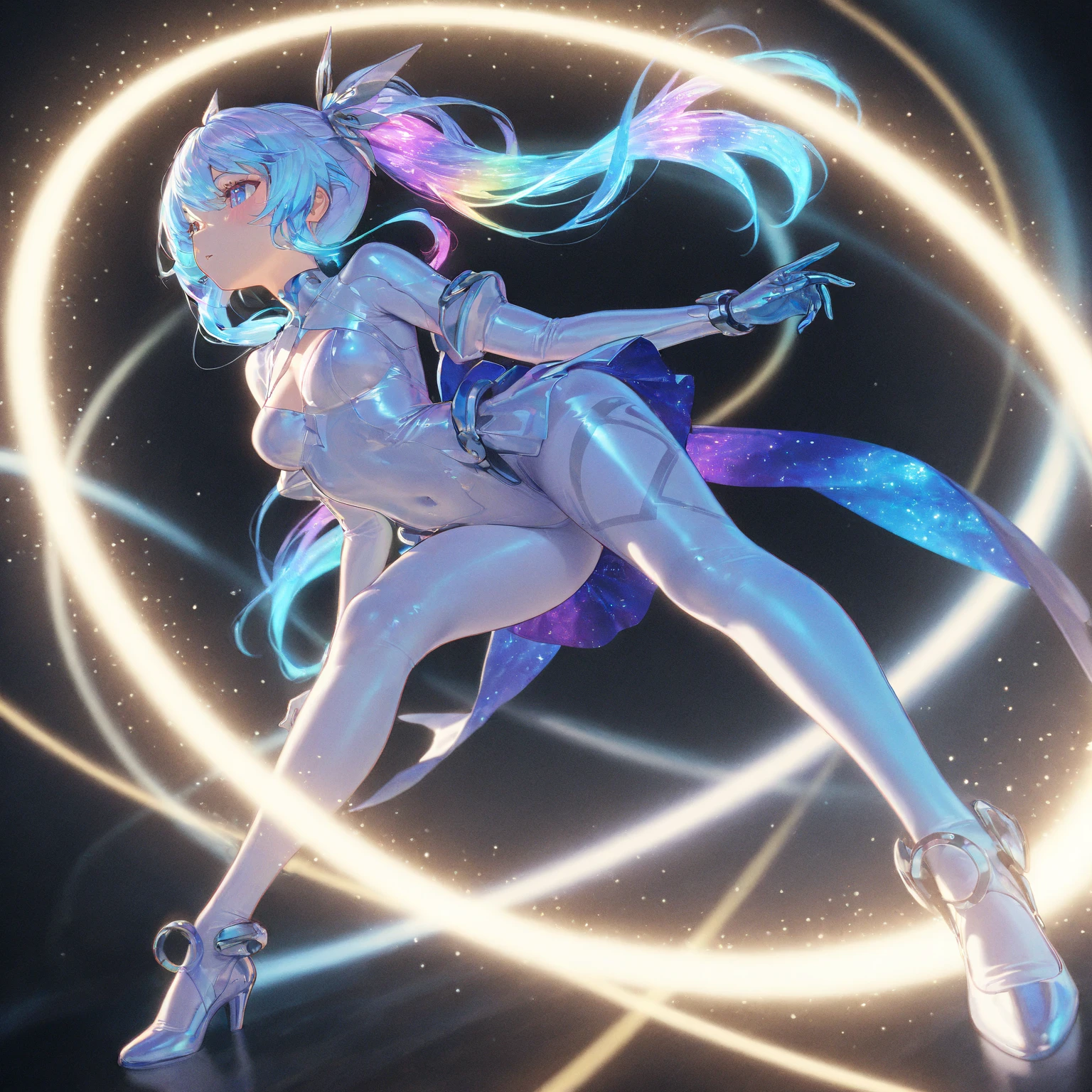 full body, shoot from front, arched back, standing, look at viewer, white, blue, black, masterpiece, high quality, best quality, detailed, hyper detailed, One boy, Facial Contour, 8K, White wolf ears boy, Crystals floating in a circle