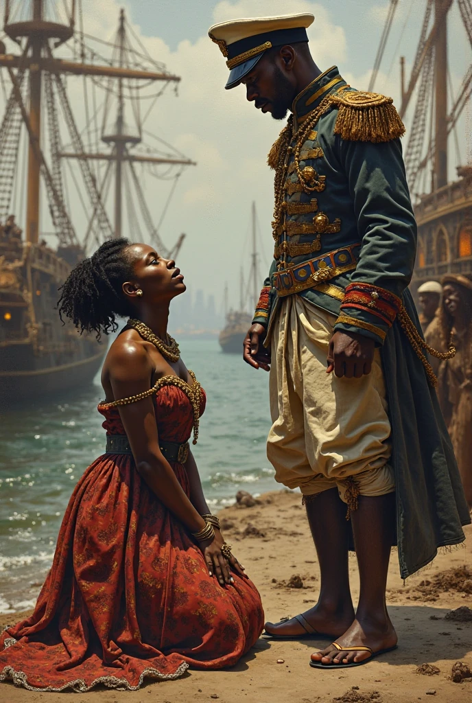 smiling black woman, tall and thin, super long black curly hair with a red rose, wearing a medieval dress with 7 ruffles in red with white details, in the left hand a cigarette, on the right a mug of beer. Next to a sailor with fair skin and sensual eyes, with defined abs, pirate hat and trident in hand. In the background a nocturnal sea. PICTURE REALISTIC