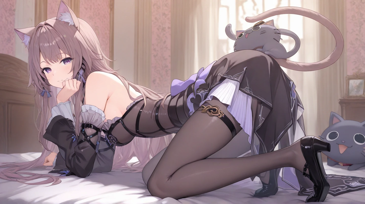 masterpiece, best quality, ultra-detailed, illustration, kawaii, detailed light, happy, smile, blush, Highlights hair, hair, beautiful detailed body, detailed sparkling eyes, 1girl, looking back, showing skin, buttocks, bare thighs, perfect limbs, underwear, on the kitchen , full view of buttocks, showing buttocks, in heat,, legs open, show Vaginal rupture, top view, girl on the bottom, looking up, pressing her ass against the black pants.