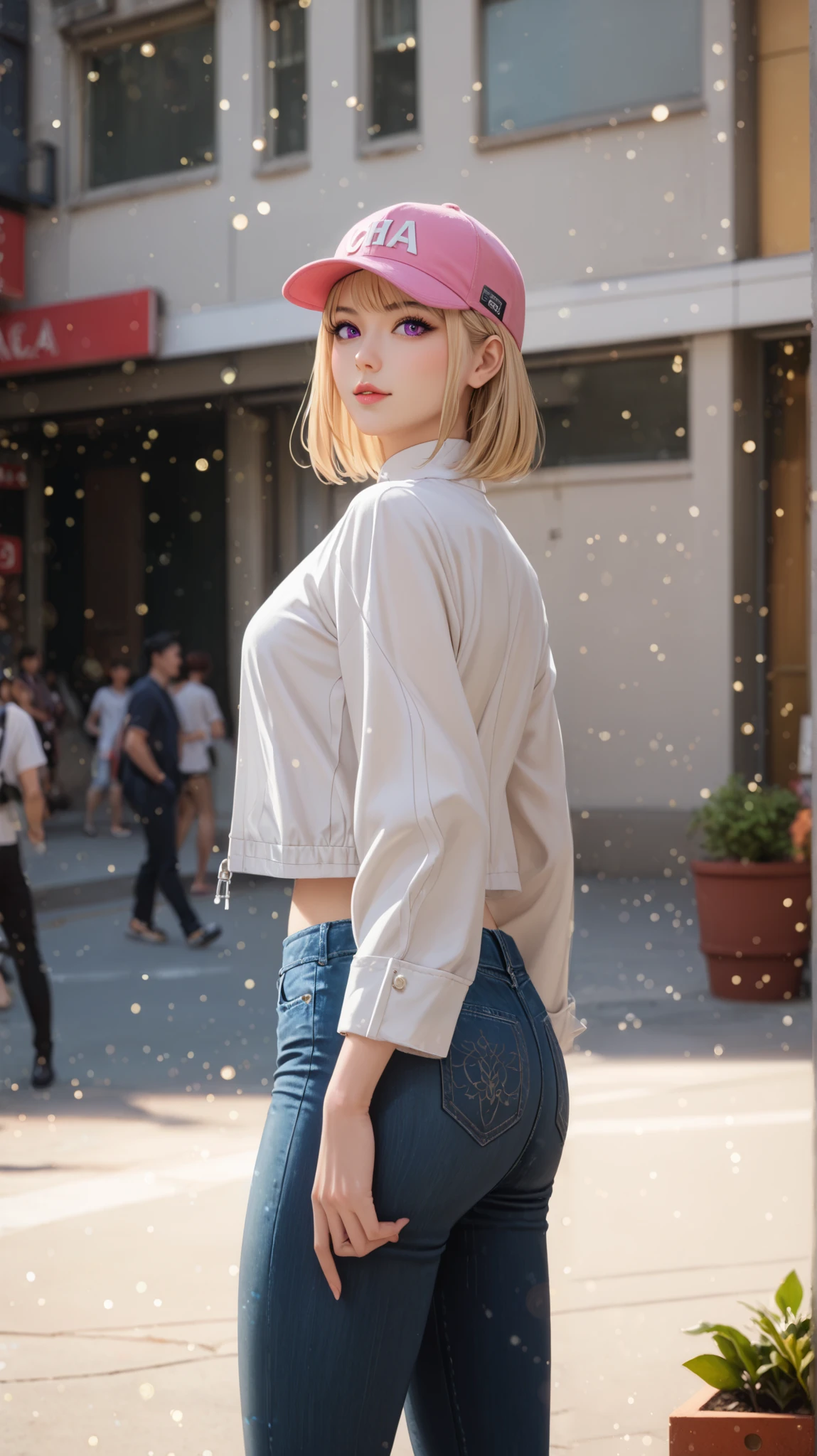 score_9, score_8_up, score_7_up, score_6_up, source_anime, rating_explicit, shiny skin,light particles,mature female, 1girl, slim body, slim legs, solo,Narrow shoulders, slim body, medeuim breast, short hair, bangs, blonde hair, purple eyes, Cha Hae-In from Solo Leveling, standing in a confident pose with a slightly turned torso and intense gaze. She is wearing a stylish casual outfit: a white cropped jacket with black inner lining, a black high-neck shirt, light blue high-waisted jeans, and a pink baseball cap. Her short blonde hair with bangs frames her face, and she has a serious yet composed expression. The background is a dark, urban environment with subtle blue light particles floating around, adding a mysterious and dramatic atmosphere. The lighting is moody, with soft shadows emphasizing her figure. Highly detailed anime-style, ultra HD, cinematic composition, dramatic shading. --ar 16:9 --v 6 --style raw --q 2 --s 750