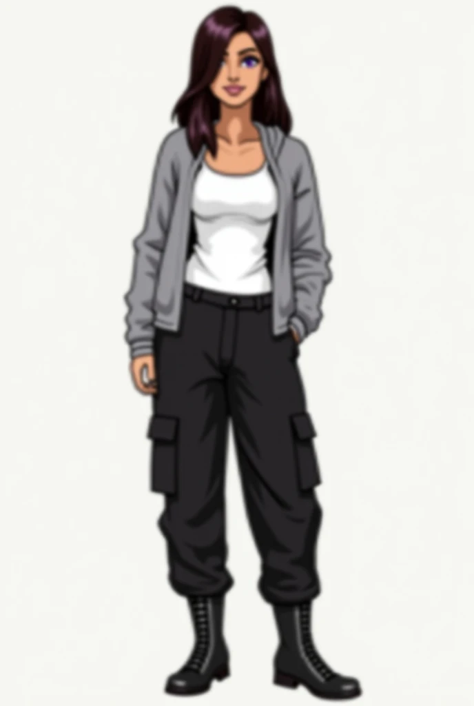 teenage girl, dark-skinned, brown eyes and hair, She is wearing a red sleeveless blouse and black pants with boots of the same color. She has her arms crossed., She has a toned body and her hair is long and tied in a high braid..
anime style