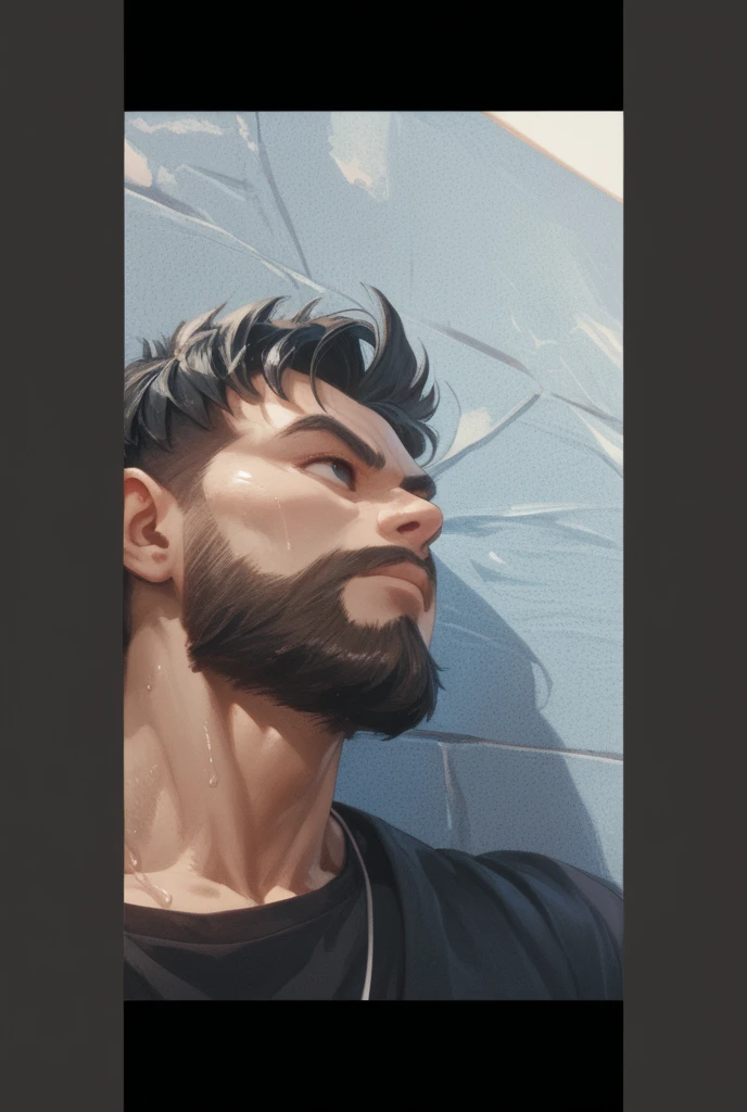 mid_shot, attractive bearded man, defined muscles, alley, ((orange black green)), (distracted), (atmosphere), coherent, continuity, epic, sharp lines, short hair,high contrast, hairy chest, sexy, brasilian, bulge, 3 colors, grey eyes