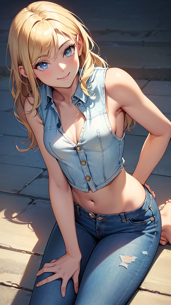 a cartoonish drawing of a female human wearing a baseball hat and shorts, 1girl, hat, solo, blonde hair, twin braids, blue eyes, shorts, navel, breasts, crop top, baseball cap, jacket, braid, long hair, crop top overhang, smile, black headwear, denim, denim shorts, large breasts, midriff, open mouth, short shorts, looking at viewer