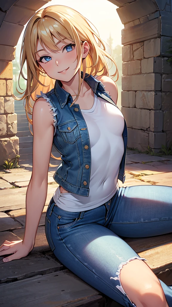 (Best Quality,4K,8K,hight resolution,masutepiece:1.2), Ultra-detailed, (Realistic,photoRealistic,photo-Realistic:1.37), smirk , Unhappy,((Golden hair)), ((Medium Long Hair)),piercings,leather jackets,White crop top, Damaged denim shorts,a necklace,right hand up,Sitting,Lace-up long boots,Beautiful detailed eyes, Beautiful detailed lips, extremely detailed eye and face, long eyelashes, Realistic anime 3D style, Smooth Anime CG Art, Digital rendering by Makoto Shinkai, Moe Anime Art Style, photoRealistic rendering of an anime girl, Shinkai Makoto style, Cute anime girl visuals, Realistic young anime girl, girl fan art, Created by Anime Artist&#39;studio of.