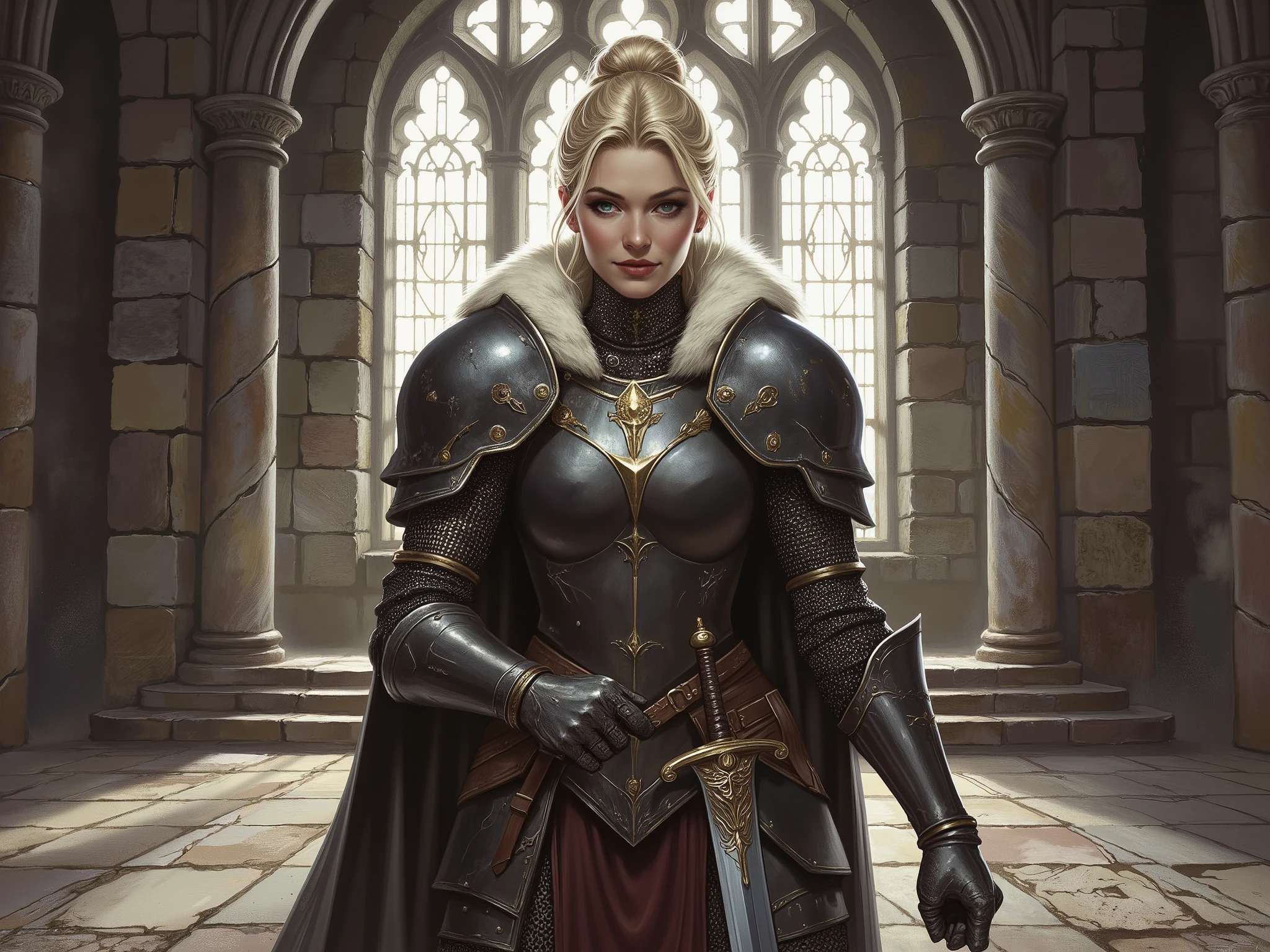 A stunning, confident woman (ethnicity:1.2), (age:1.1), dressed in medieval-style full plate armor (detailed clothing:1.2), (accessories:1.1), standing center-frame, facing the viewer. She holds two beautifully crafted swords, each reflecting her mastery in battle. Her light blonde hair is tied in a neat bun, revealing her sharp and refined (facial features:1.3). Her serious expression exudes a sense of strength, wisdom, and unshakable resolve.

Her armor is dark gray-black, intricately designed, with subtle gold accents and fine engravings (detailed armor:1.2). She wears a luxurious white fur collar starting from one shoulder and elegantly descending diagonally to her waistline, adding a regal touch. The armor is both functional and beautifully crafted, blending strength with elegance.

She stands in a grand medieval stone interior, featuring towering arched windows and an ornate stone floor (environment), (architectural element). The soft natural light from the windows casts subtle shadows, emphasizing the depth and contours of her armor (lighting).

Art Style: Highly detailed digital painting, reminiscent of high-quality game art, photorealistic with stylized fantasy elements. Sharp focus, cinematic composition, strong lighting, intricate linework, and vibrant textures. The scene exudes an epic, immersive atmosphere, as if she were part of a legendary RPG or action-adventure game.