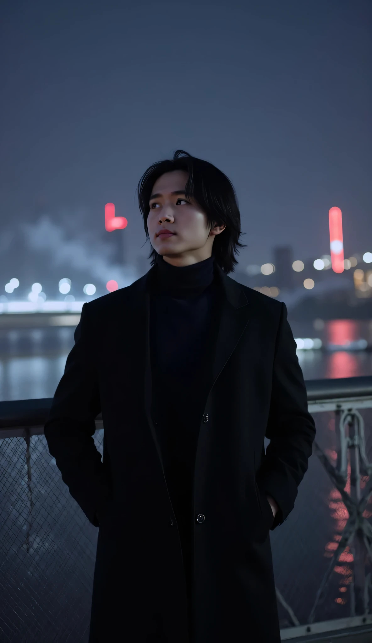 A 21-year-old Japanese man,  young man, with long, well-groomed black hair.  Her face has soft features , but his eyes carry a deep, reflective look.  He wears a long black overcoat , wearing a turtleneck sweater underneath. His posture is straight,  with their hands in their pockets , calmly observing the city in the distance. The background is a metal bridge at night, with light mist and red lights reflecting on the water below.