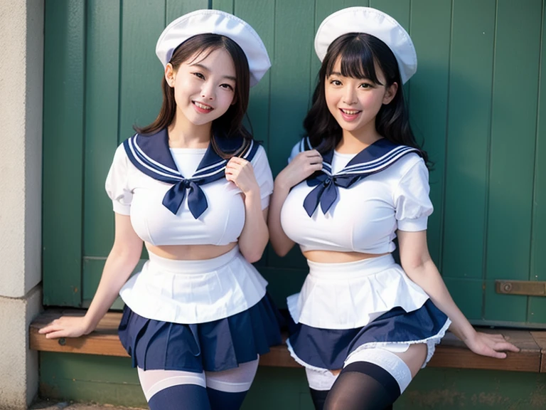 tokyo disney resort dancer,open thighs,(shoot from below),(white pleated skirt),((light blue and white horizontal striped panties)),
(blue short sleeve sailor uniform),(red ribbon on the chest),Sailor cap,White Button,Blue sky,makeup,solo,