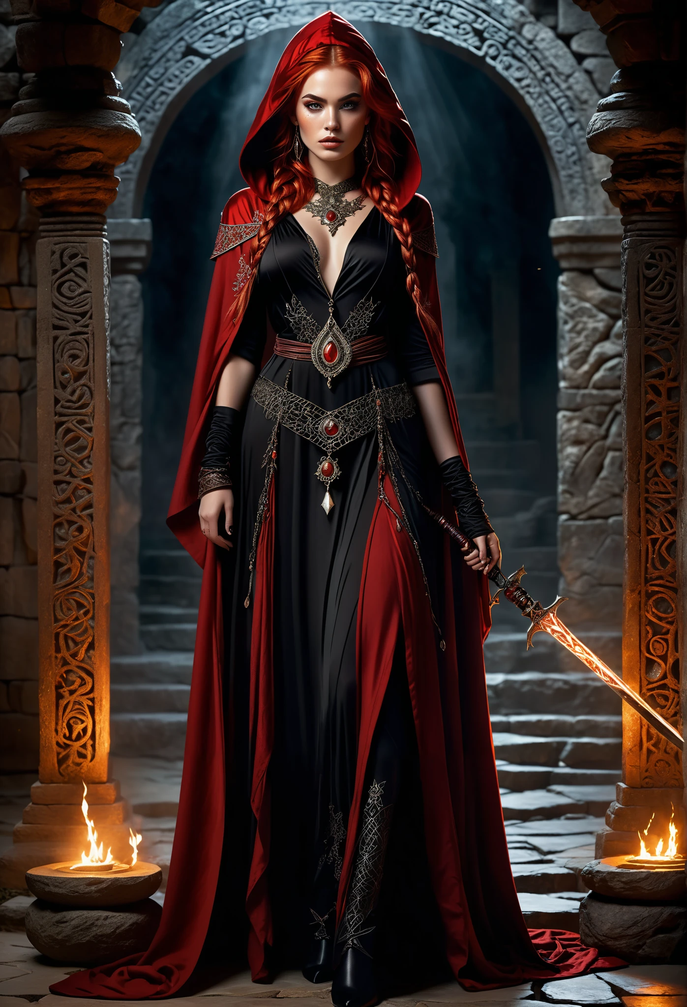A striking young woman with fiery red hair styled into two long, messy braids stands at the center of this high-quality, full-body illustration. She is draped in a deep red hooded robe, partially open to reveal an intricate and elegant outfit. A beautifully adorned dagger rests in a sheath at her waist, its hilt inlaid with mysterious symbols and shimmering gemstones, hinting at its ceremonial significance. Her piercing gaze and confident stance exude an air of mystery as she stands before an ancient stone altar, its surface marked with arcane symbols and the remnants of a ritualistic blood sacrifice. Dim torchlight flickers, casting eerie shadows across the scene, illuminating the delicate freckles on her face and the shimmer of her diamond earrings. Natural lighting enhances the depth of her features, while subtle glitter makeup and dark eyeliner add to her enigmatic presence. The atmosphere is one of haunting beauty, blending gothic fantasy with an air of mysticism.