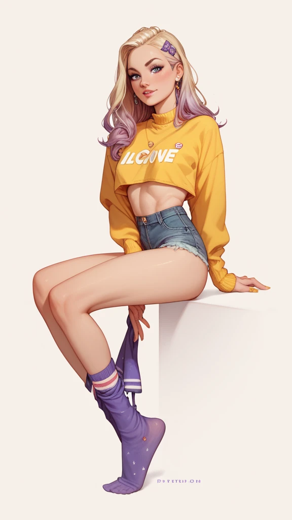 Young girl, short white hair, curly hair, thick thighs, no breasts, cropped hoodie, long legs, jean short shorts, sneakers