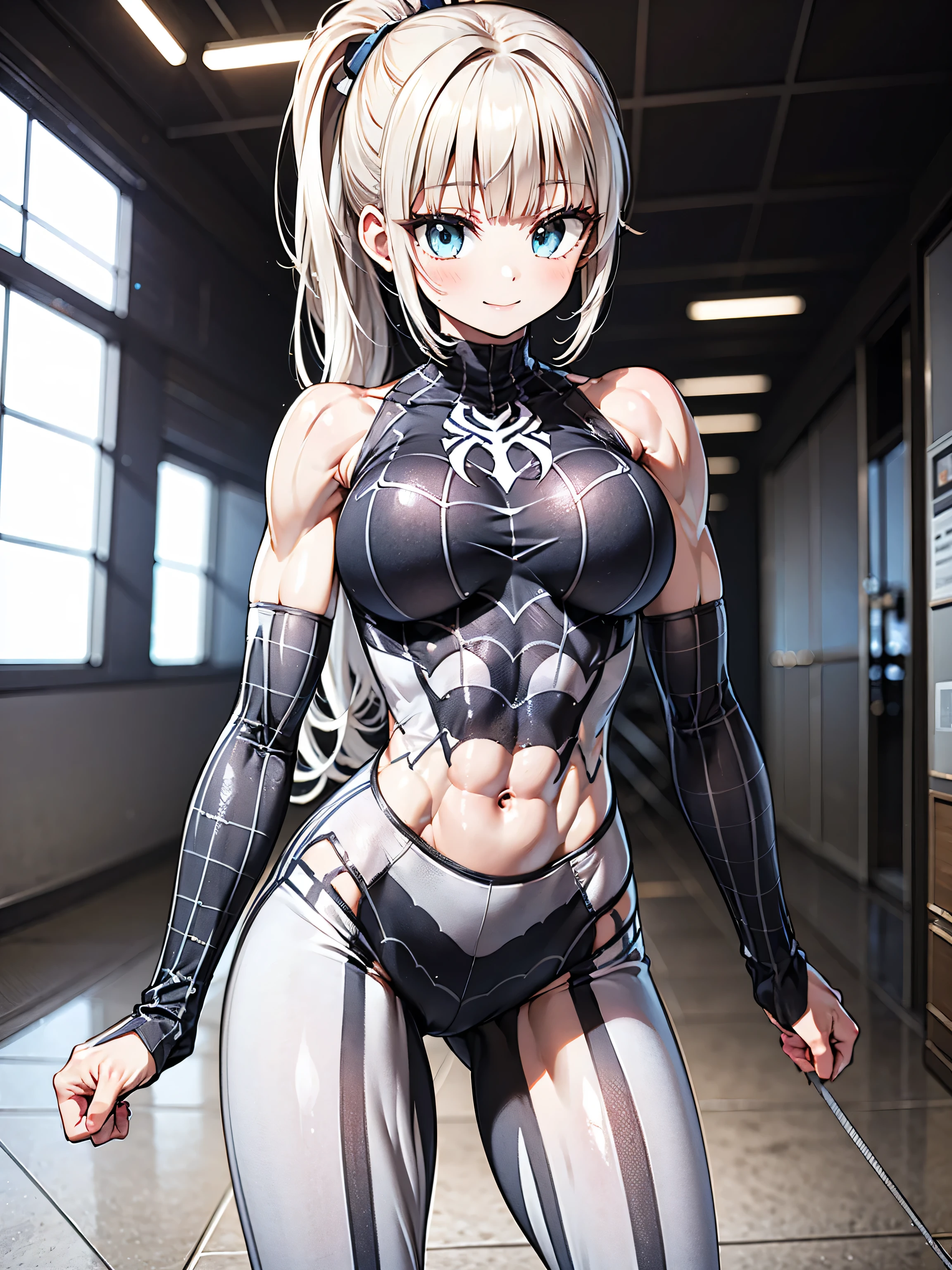 (one cute girl:1.5), (alone, solo, one:1.5), (muscular:1.5), (thick thighs:1.5), (huge long ponytail hair, blunt bangs1.5), (azure hair1.1), (narrow waist:2.0), (upper body view), (perfectly round huge breasts, cleavage:1.0), (cropped tight suit, sleeveless:1.4), detailed eyes, (oversize biceps:1.5), rim lighting, (posing at the beach:1.3), small smile, two tone lighting, dimly lit, clean skin, low key (DETAILED SKIN)
