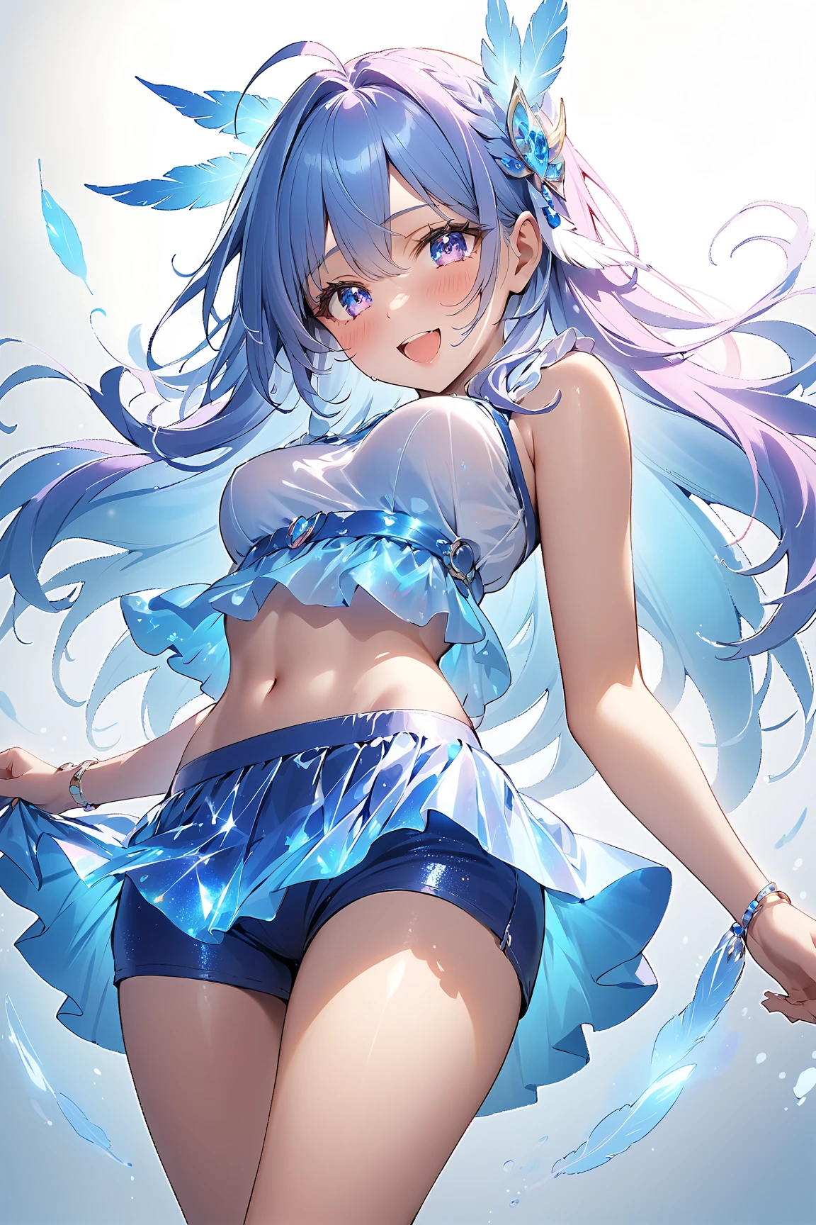 (masterpiece、highest quality、highest quality、Official Art、Beautiful and beautiful:1.2)、(One girl:1.3)Hatsune Miku、Twin tails,Big Breasts,Illustration of a dancing belly dancer、アニメWindイラスト, High resolution, Super detailed, (One girl:1.3), (Dynamic pose):1.0 break, Cowboy Shot, (Pale skin:1.3), ((Detailed blue eyes)), (Bokeh effect), (Dynamic Angle), 1 Very beautiful and charming anime wife in competition dance hall, (Wearing a royal blue satin belly dancer costume:1.37), break, 彼女は金髪のウェーブのかかったTwin tailsの髪型をしています, Medium Breasted, thin, A light smile, Happy, Wind, 8 Life-size, Detailed clothing, Detailed body, Detailed Weapons, Human hand, Fine hand, Perfect Nose, blush, A light smile, Pink Lip Gloss, Looking at the audience, Facing the audience, Sexy model posing, Studio Soft Light, Cinematic Light, Detailed Background, Realistic, ultra-Realistic, masterpiece, 32K Ultra-Clear Images, Japanese anime waifu, Concept art by Kyoto Animation, makoto shinkai,