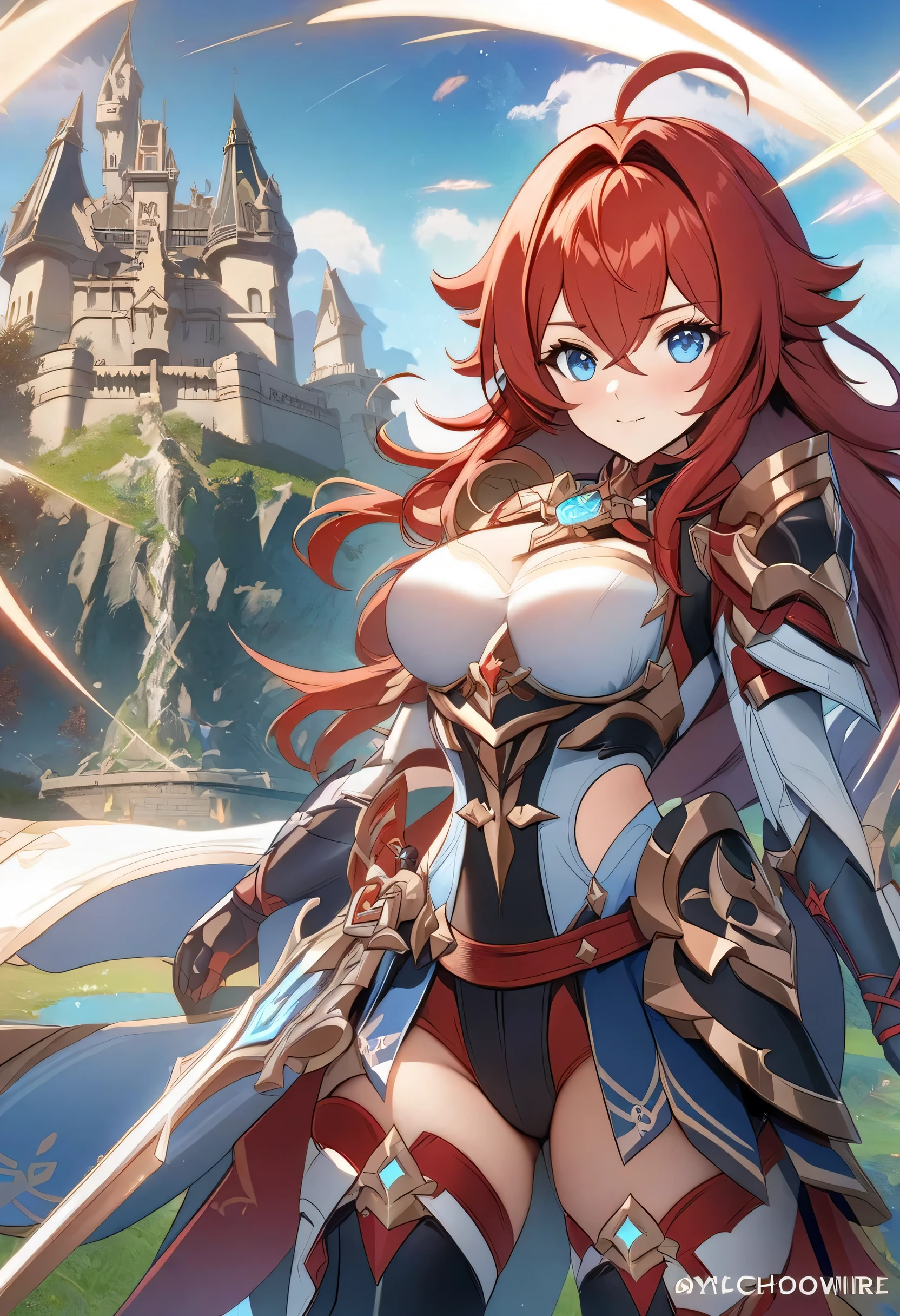 (masterpiece),(best quality),extreamly delicate and beautiful,illustration,1 knight lady,((perfect female figure)),angry expression,mature female,blue eyes,very long red hair,godsworn alexiel\(granblue fantasy\), granblue fantasy,beautyful breasts,cool,large breasts,lace-trimmed garter belt,stocking,lace-trimmed long  armor gloves,thigh boots, boots, armored boots,large red balde weapon,closed mouth,mountain background,crystal  headwear,powerful stand pose,