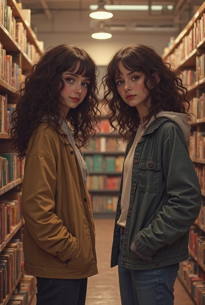 2heads, female couple, age 28, two heads on one body, conjoined, one torso, hipsters, multicolored hair, grunge fashion, in bookstore