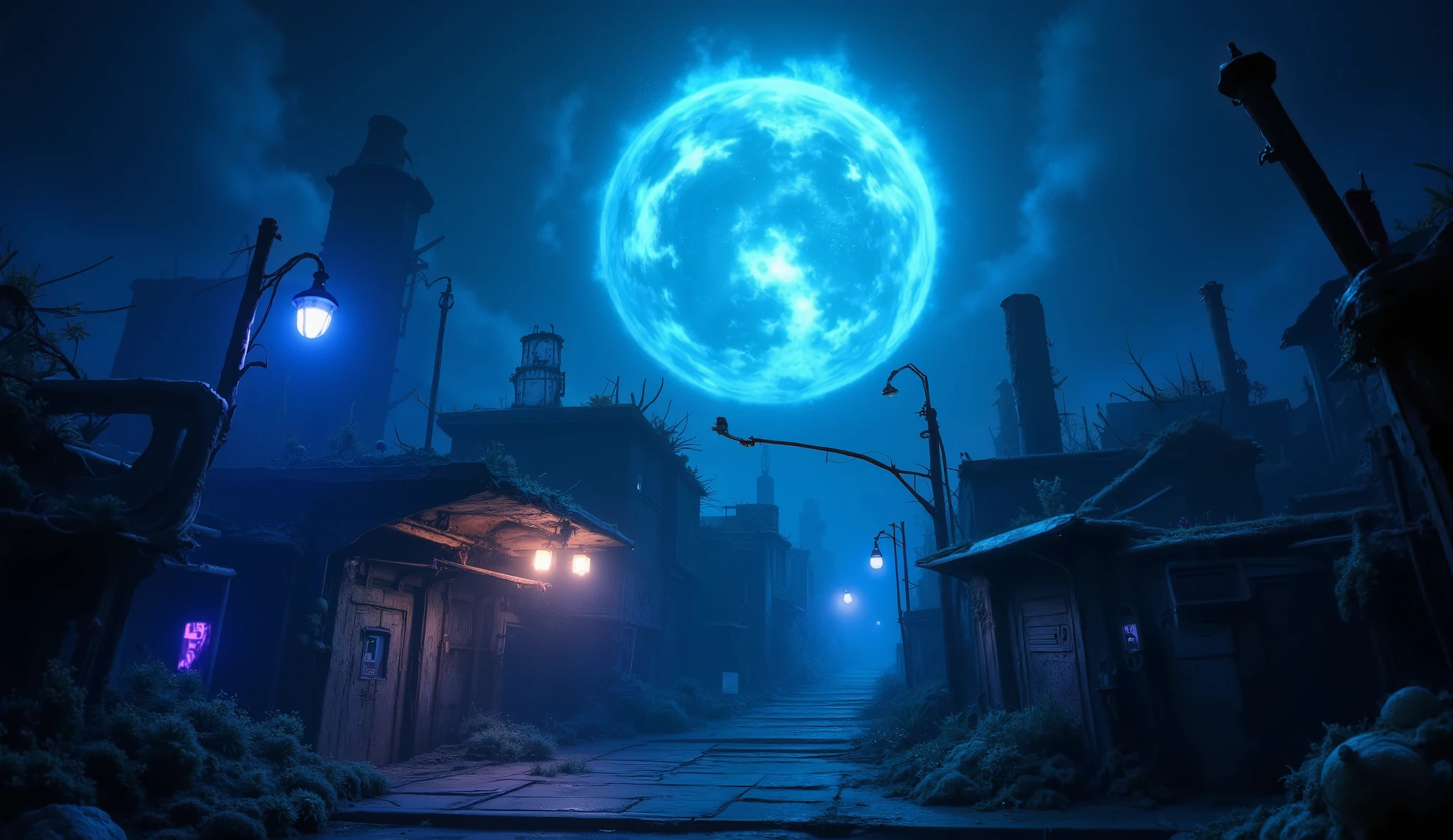 Bikini Bottom's twisted, gothic version is a maze of crumbling coral and rusting metal. A closer look at the flickering streetlights, their dim light battling against the thick, murky water, amplifies the unsettling atmosphere. negative prompts: "persons, life, ghosts, someone"