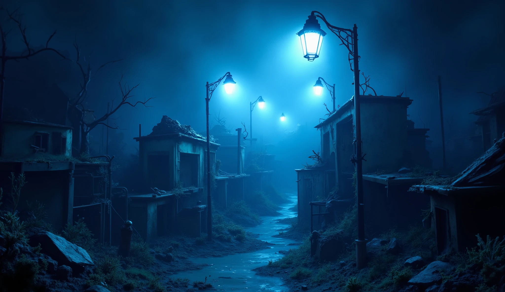 Bikini Bottom's twisted, gothic version is a maze of crumbling coral and rusting metal. A closer look at the flickering streetlights, their dim light battling against the thick, murky water, amplifies the unsettling atmosphere. negative prompts: "persons, life, ghosts, someone"