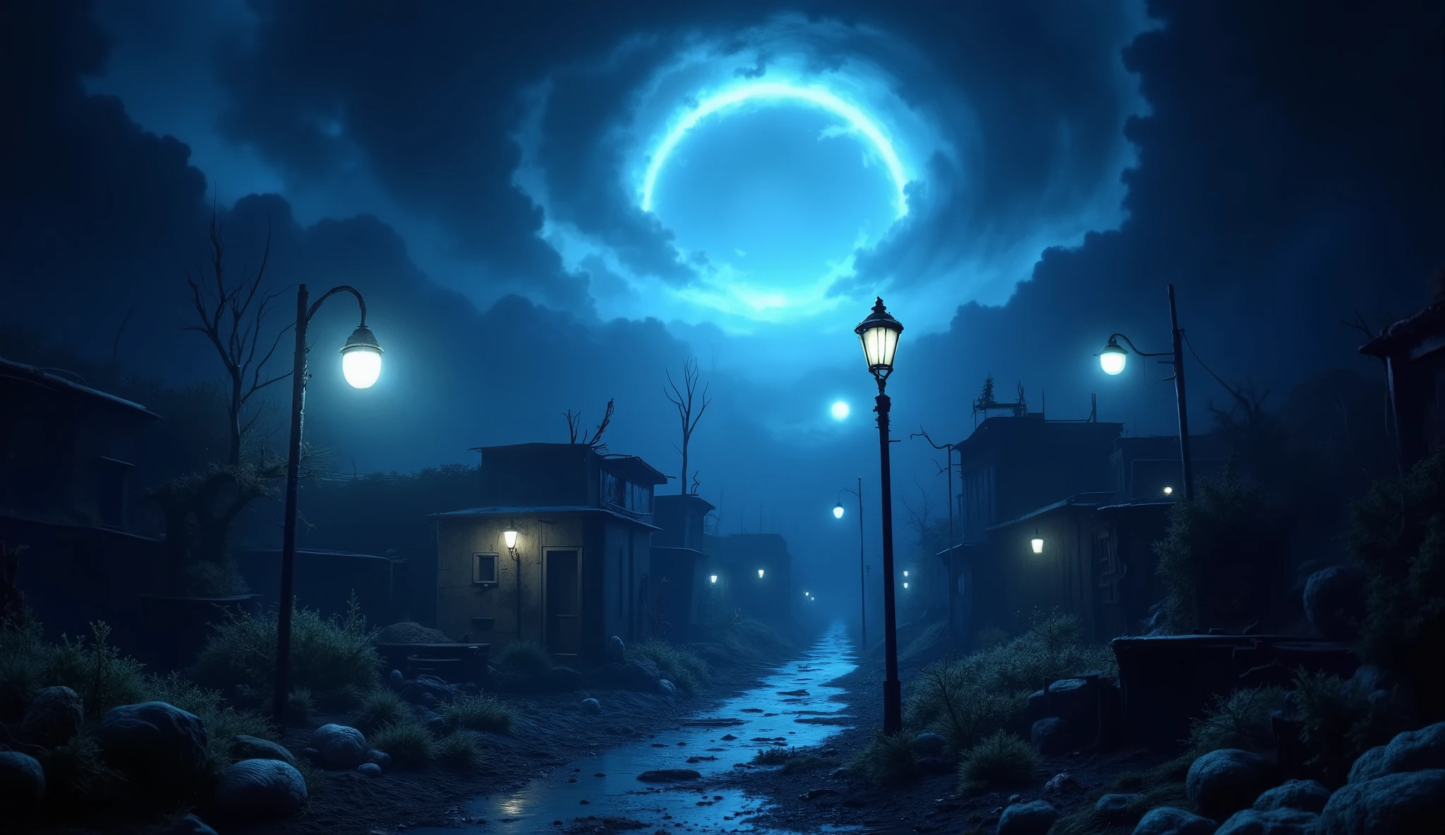 Bikini Bottom's twisted, gothic version is a maze of crumbling coral and rusting metal. A closer look at the flickering streetlights, their dim light battling against the thick, murky water, amplifies the unsettling atmosphere. negative prompts: "persons, life, ghosts, someone"