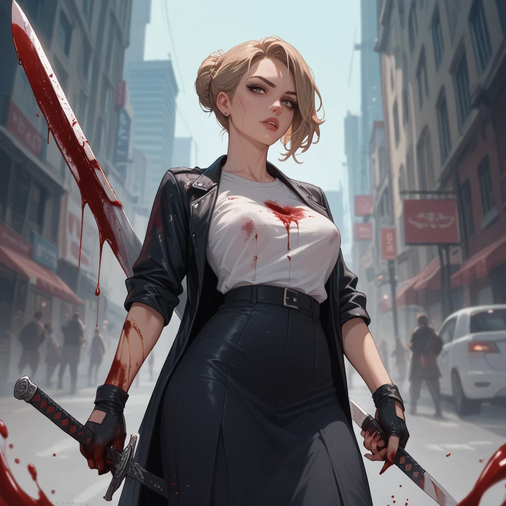 Cartoon style A blonde with two pink streaks on the side Blue eyes, white skin and freckles on the face. 
social clothes (Red vest with dress shirt and dress pants underneath)
Pretty With a Baseball Bat in Her Hand. She is covered in blood and has an evil look in her eyes, she is injured and has just killed a zombie made entirely of blood.

She is having sex with a zombie
