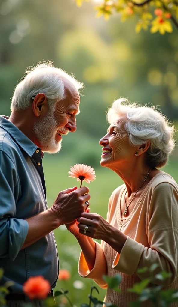 make an elderly couple hugging and happy with cheerful landscapes in a garden full of flowers