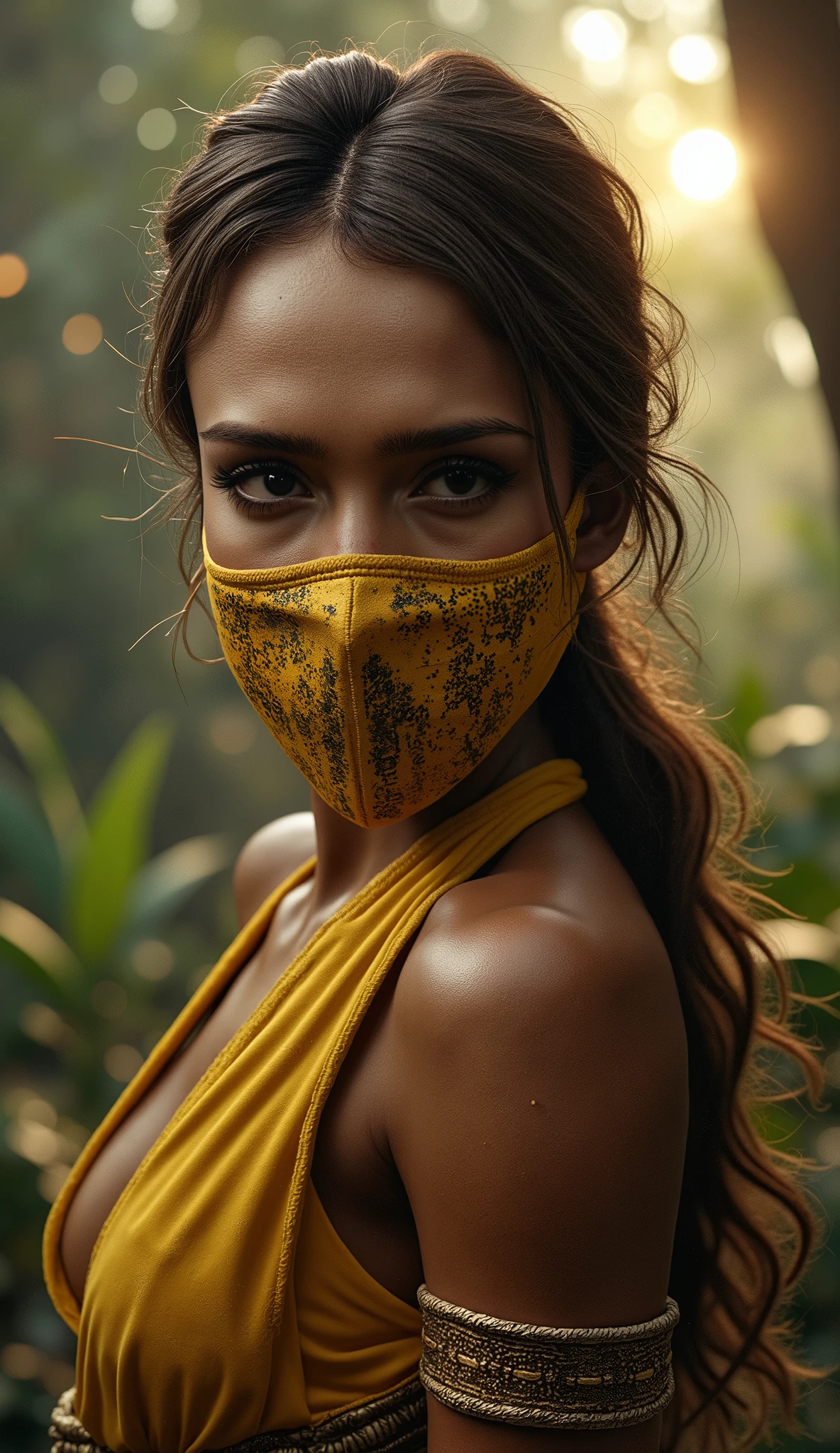 Here's a detailed prompt to generate a Jessica Alba ** super realistic** by how **to ask**, with shiny metallic yellow costume and mask, focus on the upper body:
---
**"Close-up hiper-realista por Jessica Alba como to ask, the cunning and lethal warrior of * mortal kombat*. She is in a dynamic and combat-ready pose, holding a combat stick with tribal details, and a confident and calculating expression. to ask veste um traje tradicional reinterpretado com elementos futuristas: bright metallic yellow hues, intricate gold patterns and reinforced leather details. Sua mask de metal cobre parcialmente seu rosto, image with tribal grooves and light reflections that highlight the shimmering material. The focus is on the face and upper body, highlighting skin texture, metal reflections, her flowing hair and tight muscles. The lighting is warm and dramatic, with shades of orange and gold , creating contrasts between light and shadow . O Bottom é uma floresta tropical realista ao entardecer, with lights filtered by trees, soft mist and mystical sparks hanging in the air, adding depth and epic atmosphere ."**
---
**Extra details for realism:**
- **mask:** Design inspired by African cultural motifs, with high details and subtle oxidation.
- **durable:** Mixture of metal armor and flexible fabric, with illusion of movement (Ex: leaves and dust in the air reflecting light).
- **Bottom:** Hyper-detailed textures on tree leaves and forest floor.
Unreal Engine 5 with 8K resolution