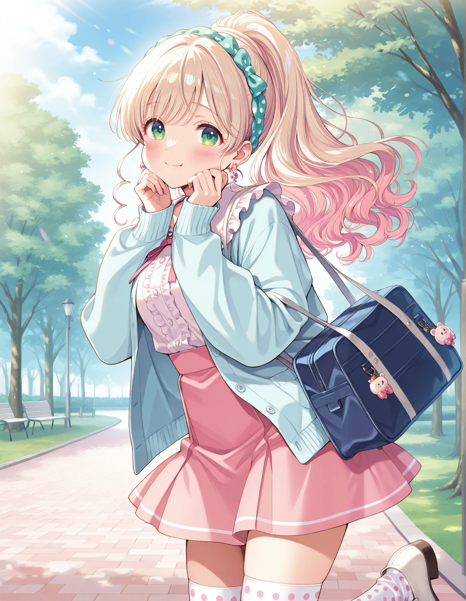 masterpiece, best quality, "Picnic Angel meets Candy Girl" Add candy colors to your refreshing picnic style to make it even more cute. The top is a white frilled blouse with a light blue cardigan. For the skirt, pair it with a pink tulle skirt with polka dots for a cute look. For your feet, pair white loafers with polka-dot socks for a vintage look. For accessories, a hair band and earrings with candy motifs add sweetness. Wear a ponytail and add fluffy curls to accentuate your cuteness., wearing long socks, wear white boots, with blush cheeks, official art, dynamic fuzziness, colorful, cowboy shot, wearing school bag, blue bag, black hairs, outdoor, park, standing, fullbody