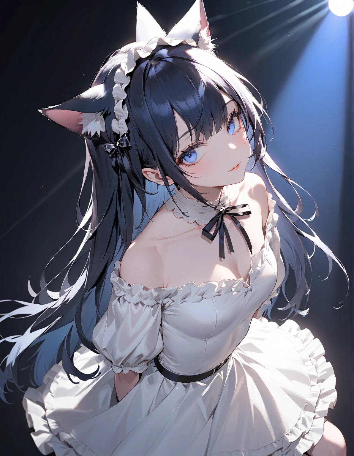 (highest quality, masterpiece, High resolution)、4K Anime Art、girl、Black Hair、White Cat Costume、Cat ear、 hair ornaments、choker、Captivating smile、Medium Chest、Nyan Pose、Cinematic Light、Soft Light、((White Background))、