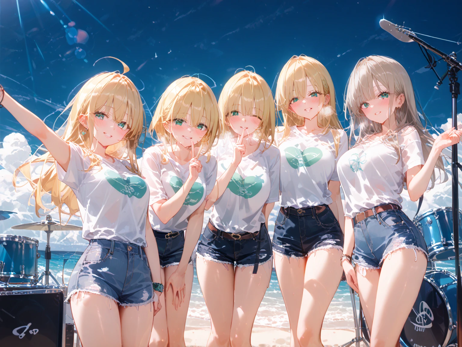 ((highest quality)), ((masterpiece)), (3 woman:1.5), cute woman are posing for a camera, (in the water), (Lifting SHIRT:1.3), (open your mouth and laugh:1.3), ray tracing, ((tits), (small nipples), nipples, breasts, hair band, headband, hair bobbles, blouse, shirt, (High definition thighs), (stand in a line), 12 talents、13 years old、14 years old、15 years old、Asian, Westerner, silver hair, brown hair, blond hair, (navel), jewelry, looking at viewer, necklace, long hair, short hair, (abs),(Depth of the bounds written), (My skirt is completely blown up by the strong wind.:1.2),