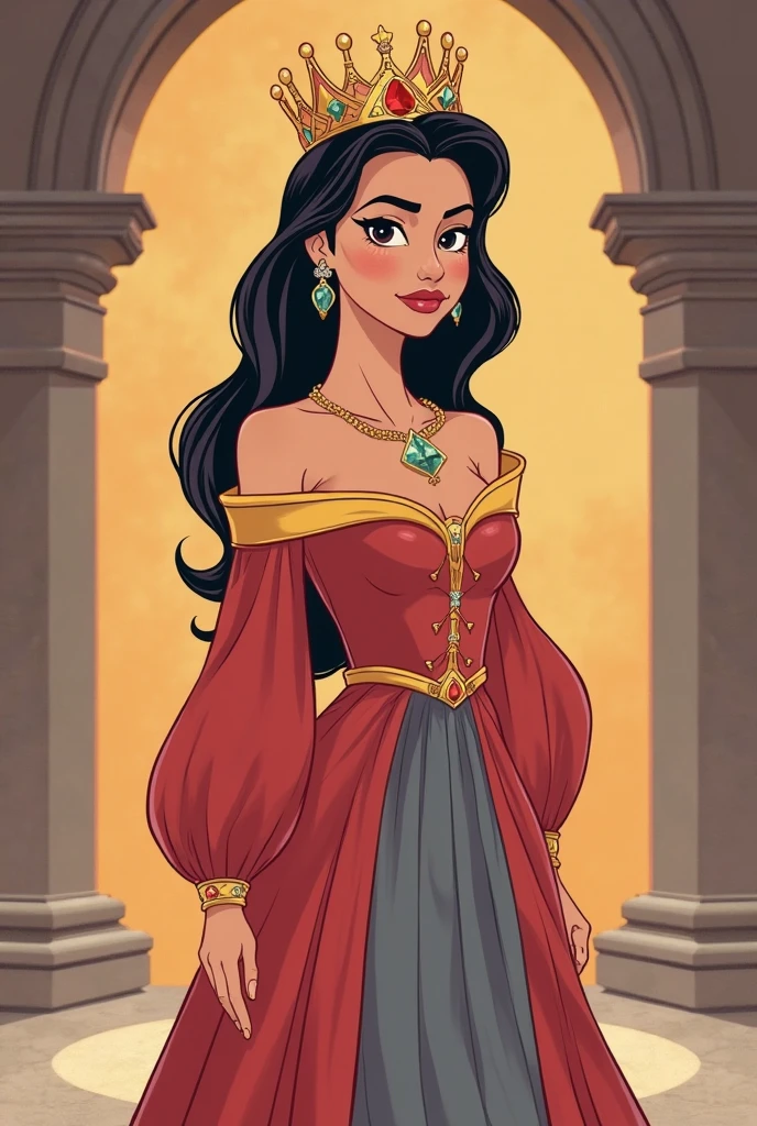 Drawing Cartoon big girl wearing a Beautiful volume and fluffy dress , make it like Arab princess She puts her hand on her waist and wears an outfit decorated with an Arabic-Islamic decoration Painted in beautiful colors with 2d drawing and make black outline more details