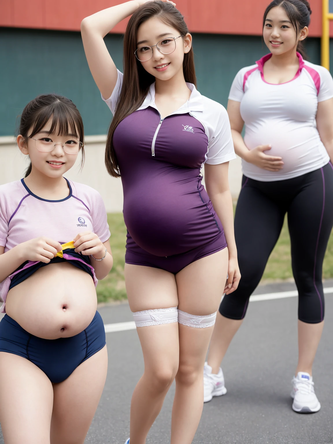 (1 girl:1.0), pregnant asian girl wearing a cheer leading croptop and cheer leading skirt, facing sideways, profile shot, (perfect belly), 19 years old, (hyper realistic), 4k resolution, (perfect belly), perfect legs, perfect arms