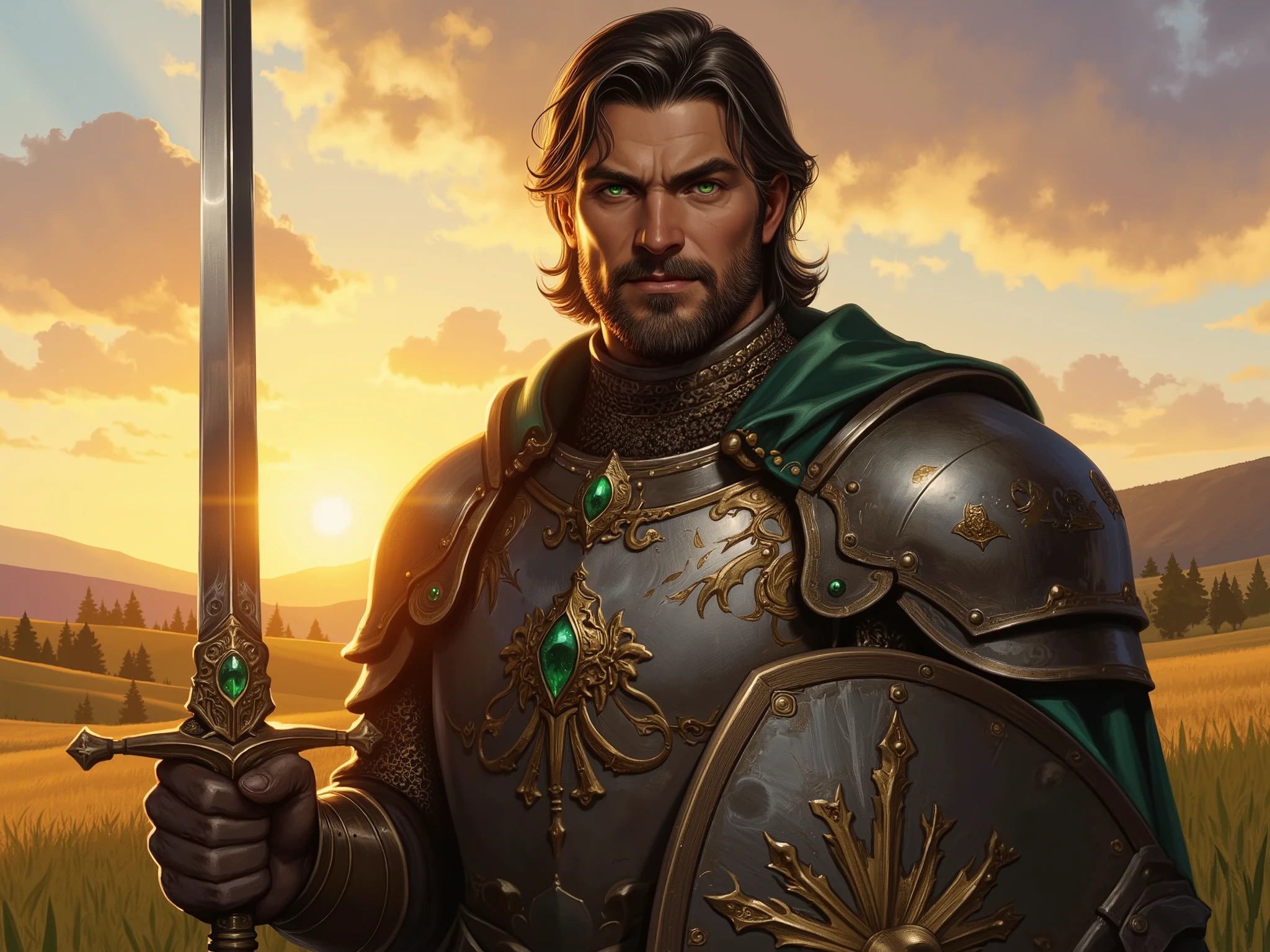 A sturdy man with dark brown hair, slightly gray , He is standing in an open field at dusk, with a serene and inspiring presence. His well-trimmed beard gives a refined and charming touch. He wears a armor with details in shades of green and gold, elegantly decorated, that reflects the soft light of the sunset. In one hand, he holds a shield adorned with a detailed coat of arms, while the other one rests firmly on the handle of a long sword, whose blade is encrusted with emeralds that shine under the golden light. His green eyes radiate calm and wisdom, capturing a moment of reflection and trust. Her posture is relaxed , with relaxed shoulders , but transmits a natural authority. In the background, a gently illuminated grassy field extends, with distant hills and a sky in warm shades of orange and gold, completing the harmonious and imposing scene.
Negative prompt (to refine the quality): Distorted proportions, low detail, poor lighting, unrealistic textures, overexposed highlights, blurred background, artifacts, excessive shadows, low-resolution details.