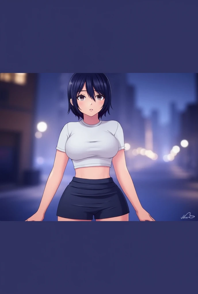 Solo,(((Anime Style:2,Mature Woman,Shyness,Small breasts,80 years old,fat))),Red face,Watery eye,Shyness,short hair,Street corner in downtown at night,Passengers,(nipples),Arms crossed behind back,Black Hair,Not wearing underwear,Micro Mini Skirt、Knee-high socks,Absolute area