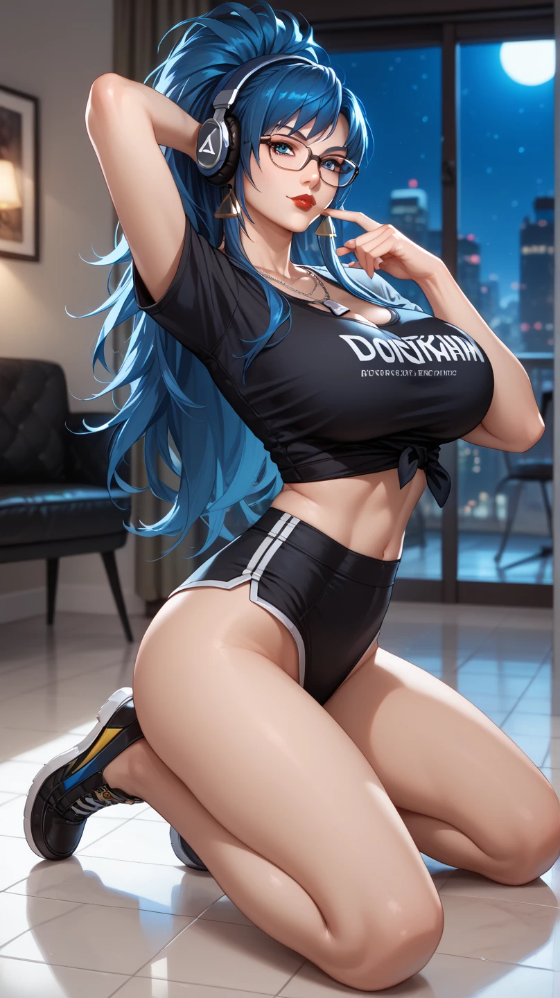 Harley Quinn, double tail hair, blue colored eyes, a navel, Look at viewers, put your hands behind your back, Black jacke, dolphinshorts, sexly, (white shirt:1.2), Transparent wet shirt, waist long, busty, thick-thighs, Makeup inspired by Harley Quinn, NSFW,
underboob showing, able to see nipples through clothing,
big fit ass\(Body proportions\),