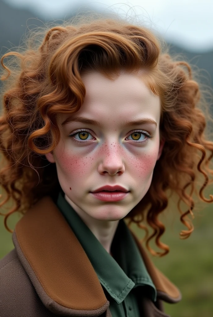 (close-up, editorial photograph of a 21 year old woman), (highly detailed face:1.4) (smile:0.7) (background inside dark, moody, private study:1.3) POV, by lee jeffries, nikon d850, film stock photograph ,4 kodak portra 400 ,camera f1.6 lens ,rich colors, hyper realistic ,lifelike texture, dramatic lighting , cinestill 800, wavy hair, messy hair, curls, Mischievous smirk, red hair, green eyes, freckles, white skin, black old west clothes, Gunslinger old west Black jacket, european woman, european skin, european expression, Athletic, masterpiece, western, Astral Plane